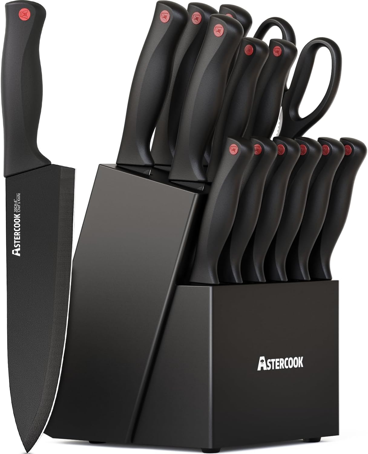 Astercook 15 Piece Knife Set with Sharpener Block - German Stainless Steel