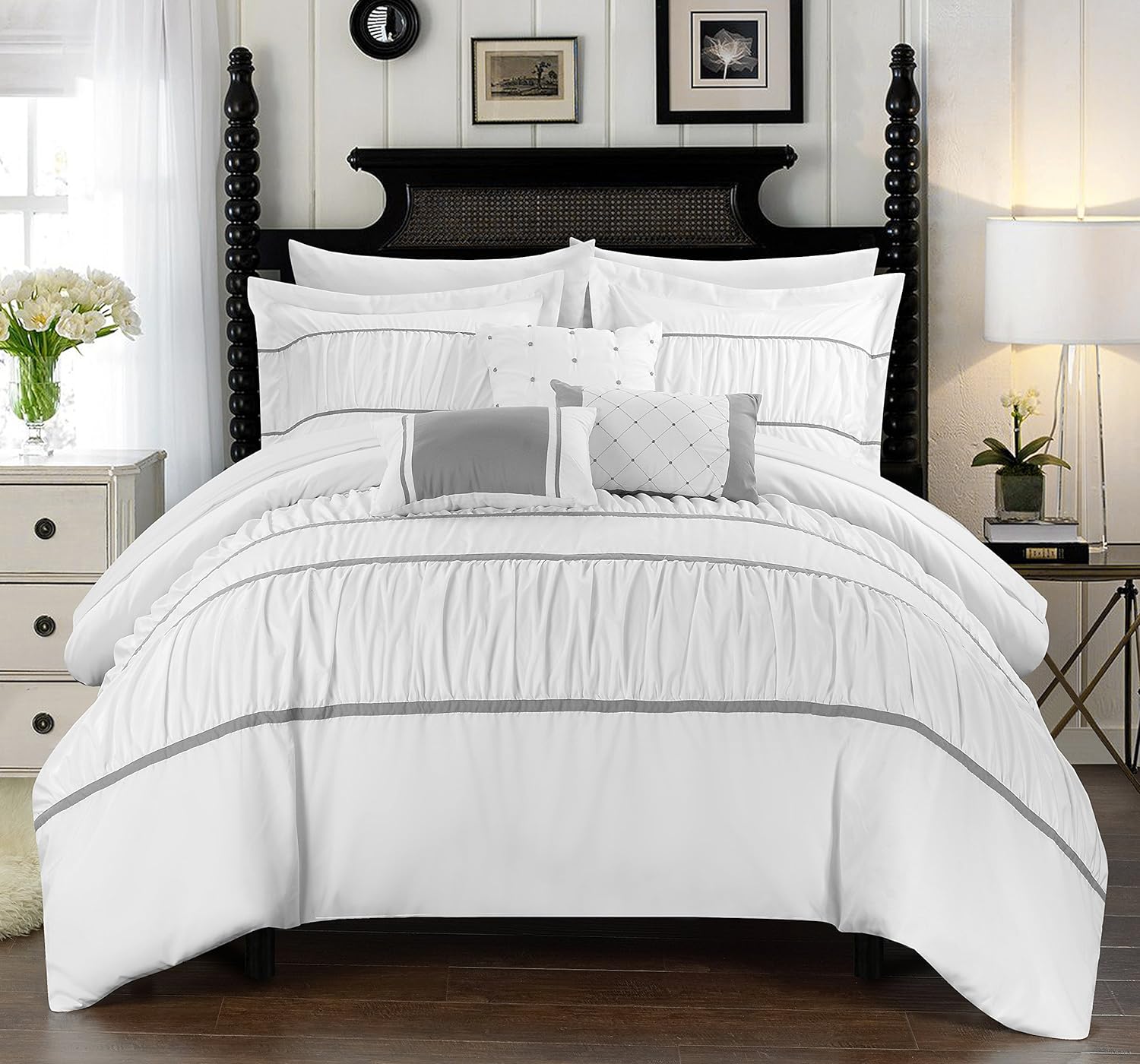 Chic Home Cheryl 10 Piece Comforter Set Complete Bed in a Bag Pleated Ruched Ruffled Bedding with Sheet Set and Decorative Pillows Shams Included