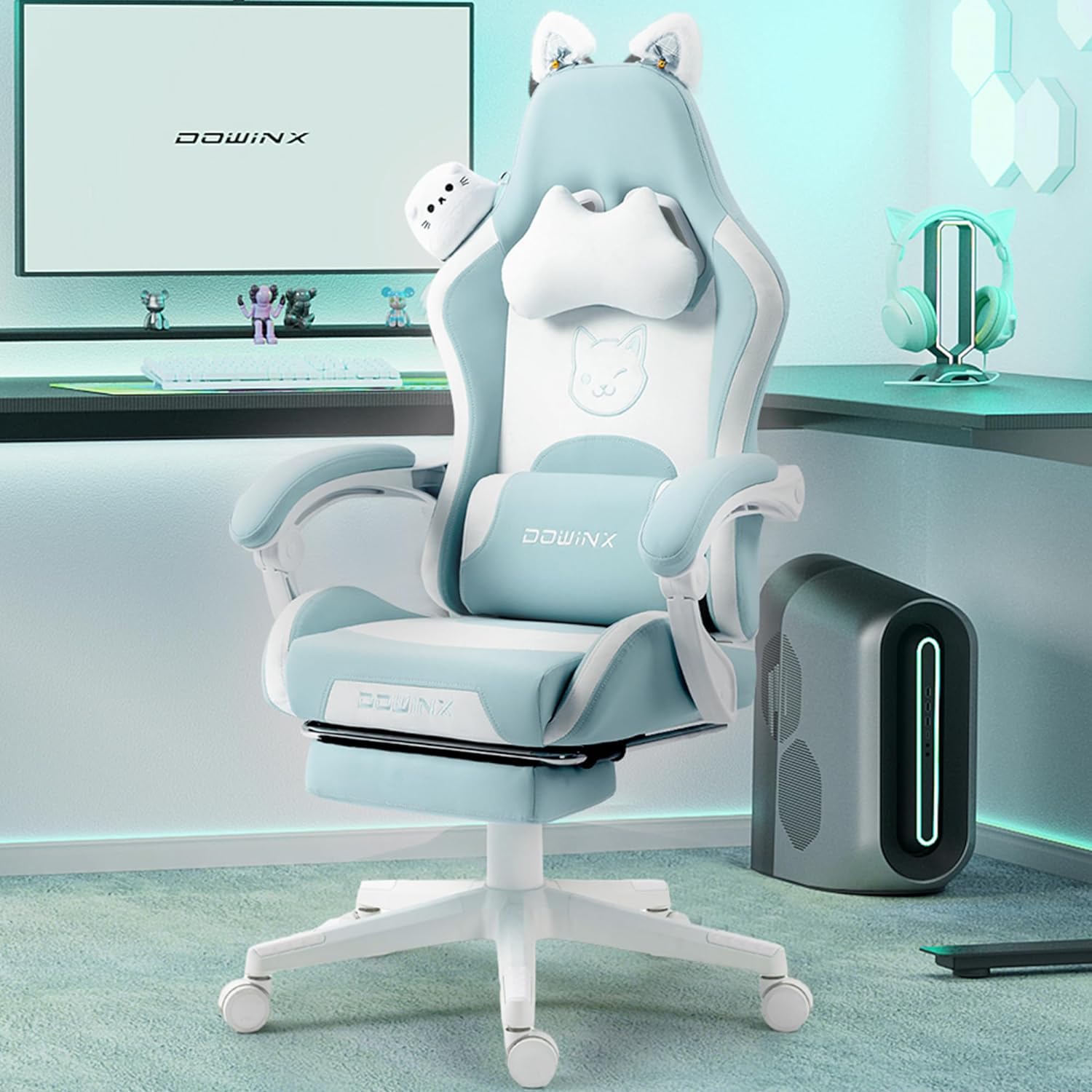 Dowinx Gaming Chair Cute with Cat Ears and Massage Lumbar Support