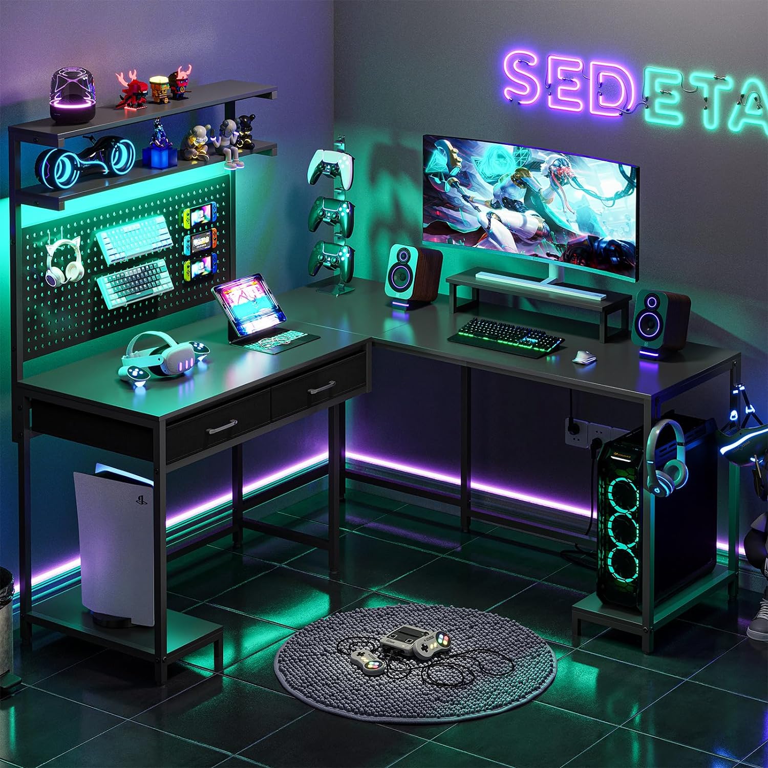 SEDETA L Shaped Gaming Desk with LED Lights