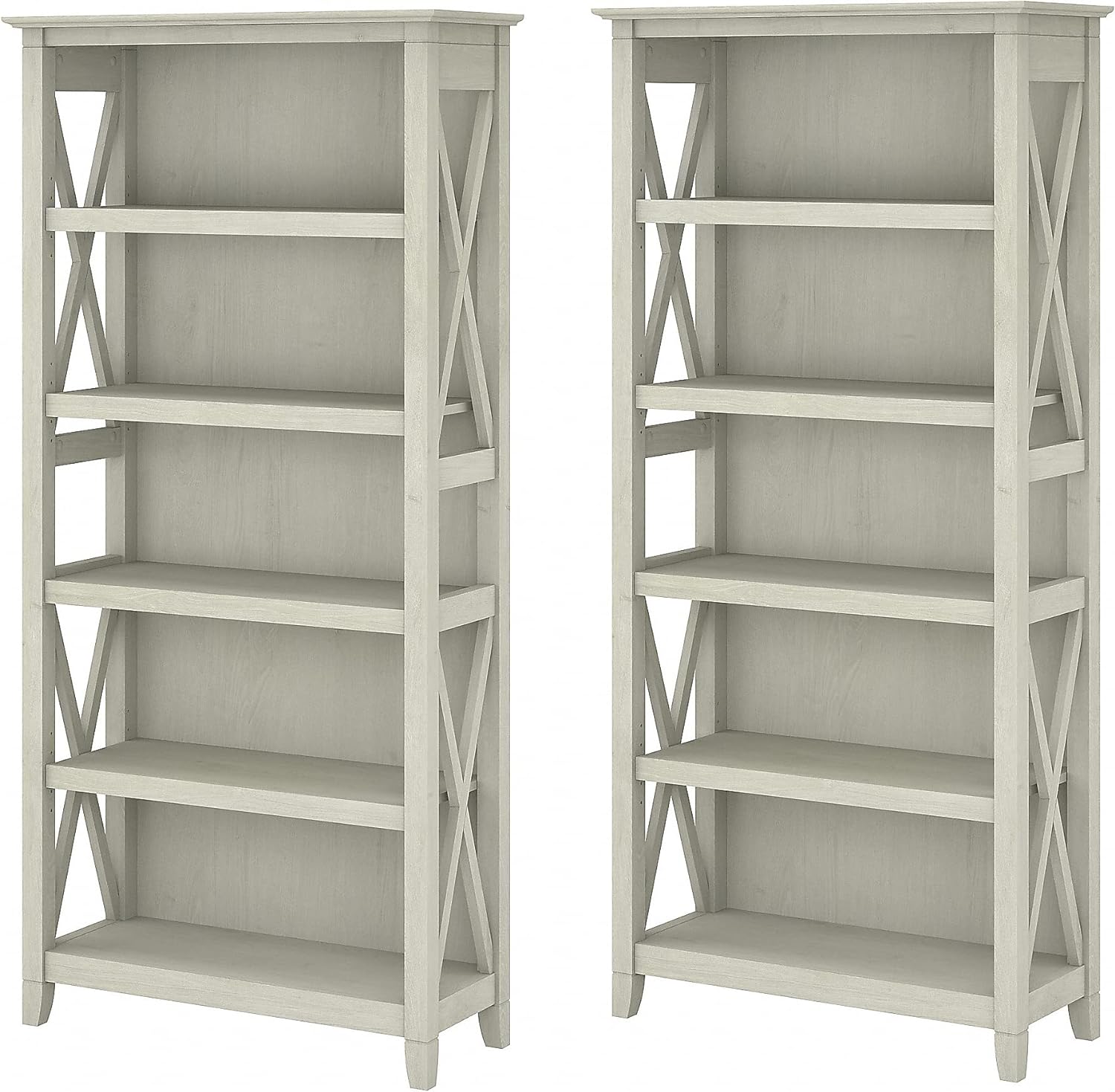 Bush Furniture Key West 5 Shelf Bookcase - Set of 2 | Tall Bookshelves in Linen White Oak | Sturdy Display Shelves for Library