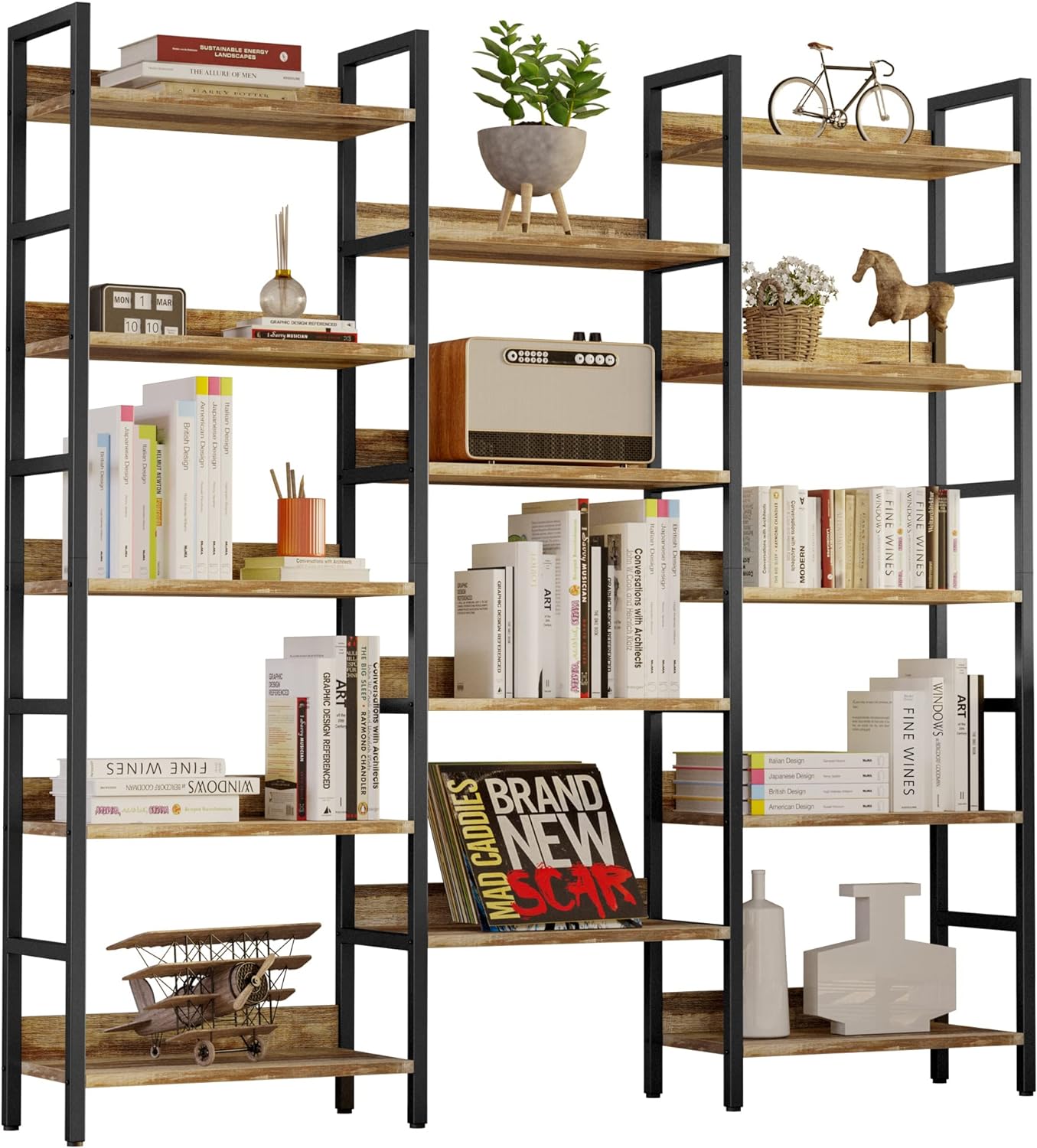 IRONCK Bookcases and Bookshelves Triple Wide 5 Tiers Industrial Bookshelf with Baffles Large Etagere Bookshelf with Metal Frame for Living Room Home Office