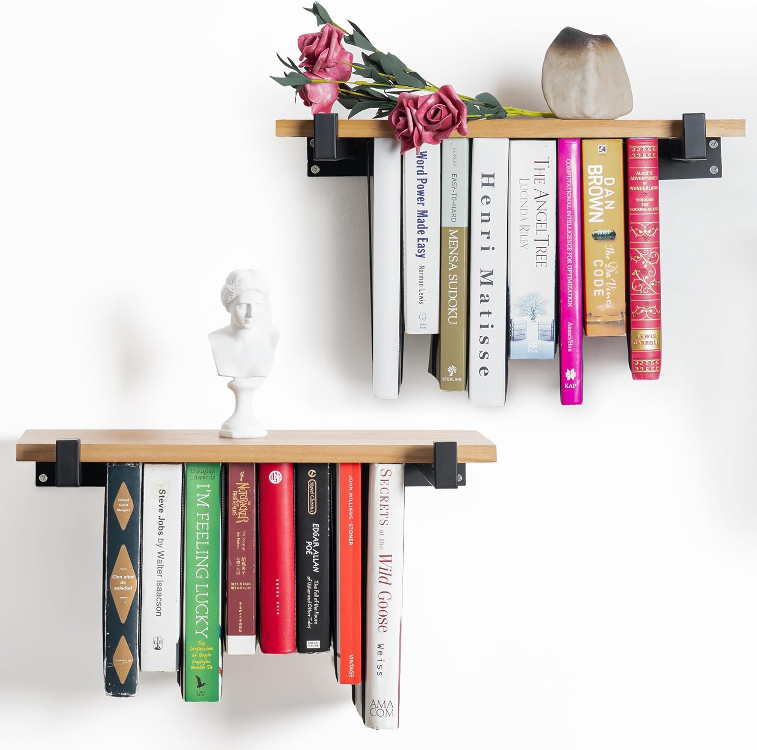 Floating Bookshelves Set of 2 - Double Storage Unique Wall Bookshelf - Natural Wood & Metal Brackets bookshelf wall Mount