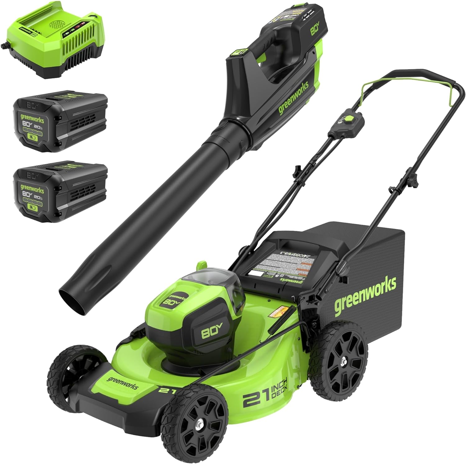 Greenworks 80V 21” Brushless (Push) Cordless Electric Lawn Mower + (500 CFM) Axial Leaf Blower (75+ Compatible Tools)