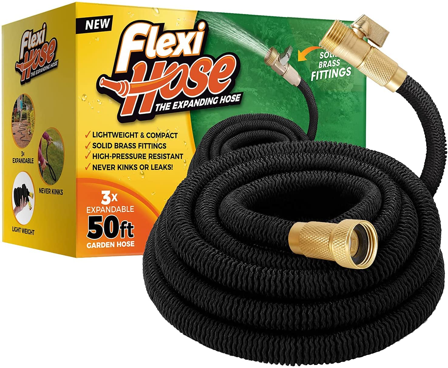 Flexi Hose Upgraded Expandable Garden Hose 50 ft Extra Strength 3/4 Solid Brass Fittings - The Ultimate No-Kink Flex 50 ft Water Hose (Black