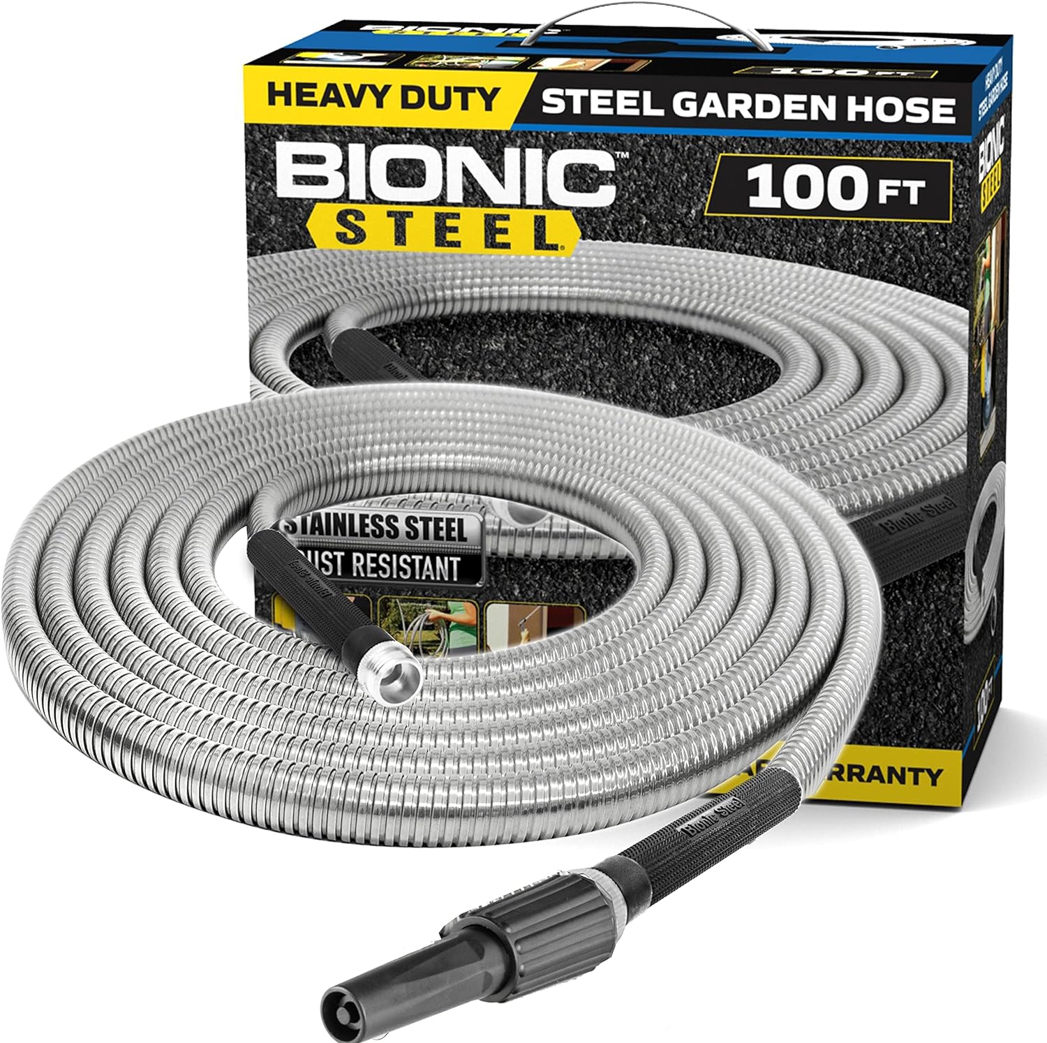 Bionic Steel Metal Garden Hose 100 Ft with Nozzle