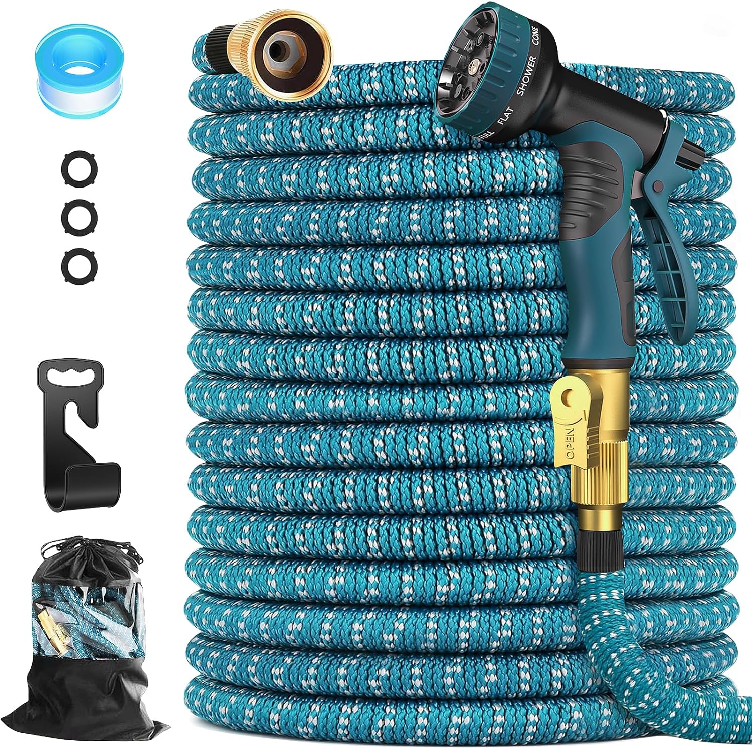 Expandable 100 FT Garden Hose with Holder - Heavy Duty Superior Strength 3750D - 5 -Layer Latex Core - Extra Strong Brass Connectors and 10 Spray Nozzle