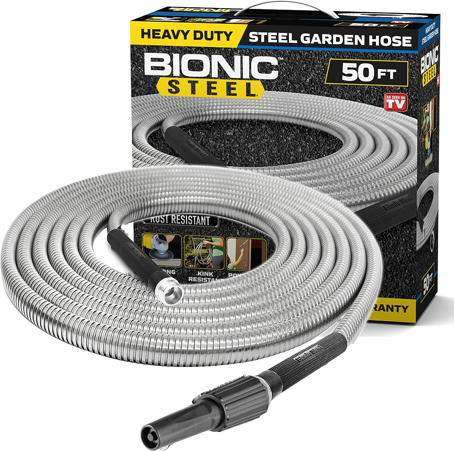 Bionic Steel Metal Garden Hose 50 Ft with Nozzle