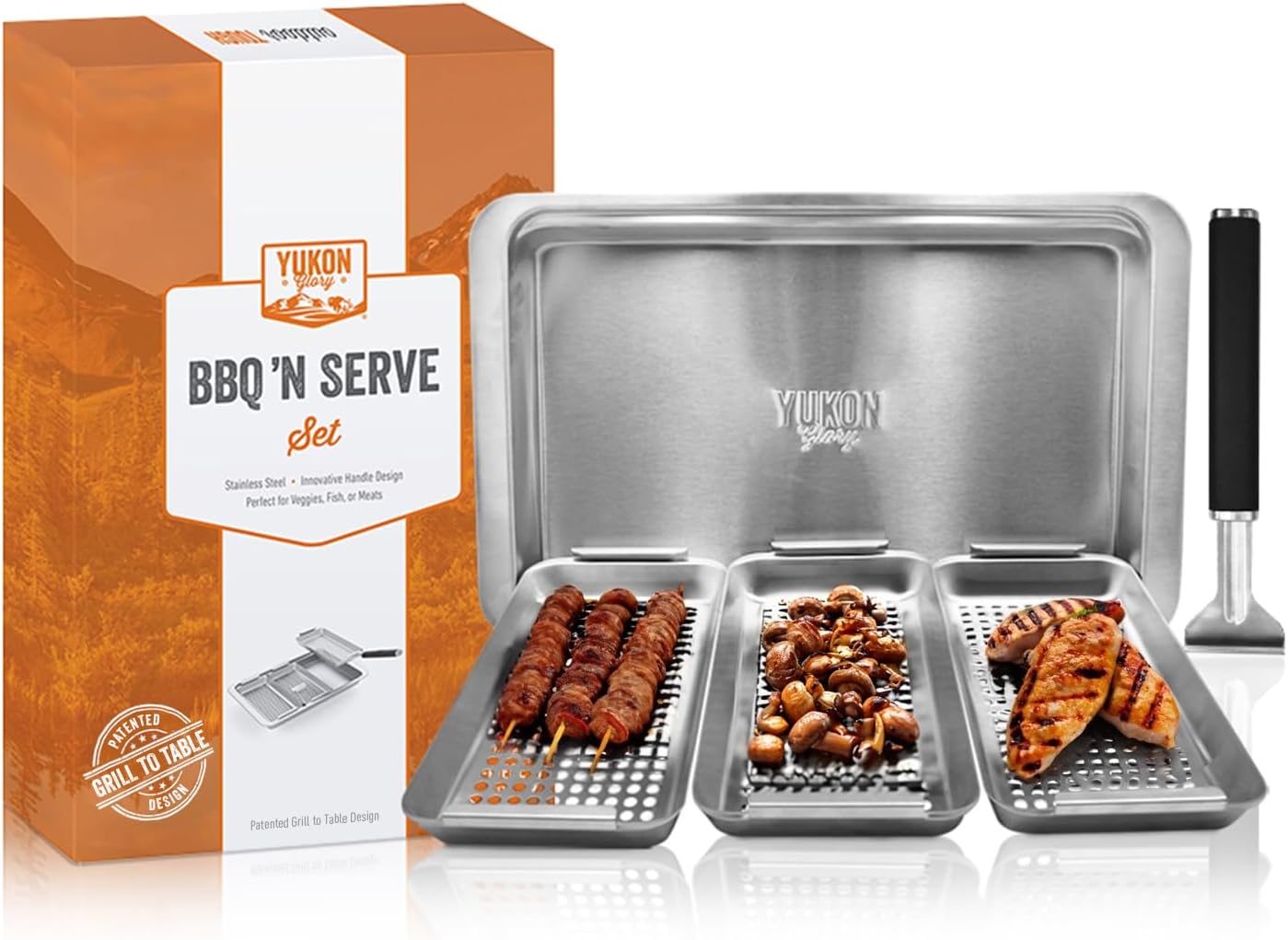 Yukon Glory™ BBQ 'N SERVE Grill Basket Set - Includes 3 Grilling Baskets a Serving Tray & Clip-on Handle - 