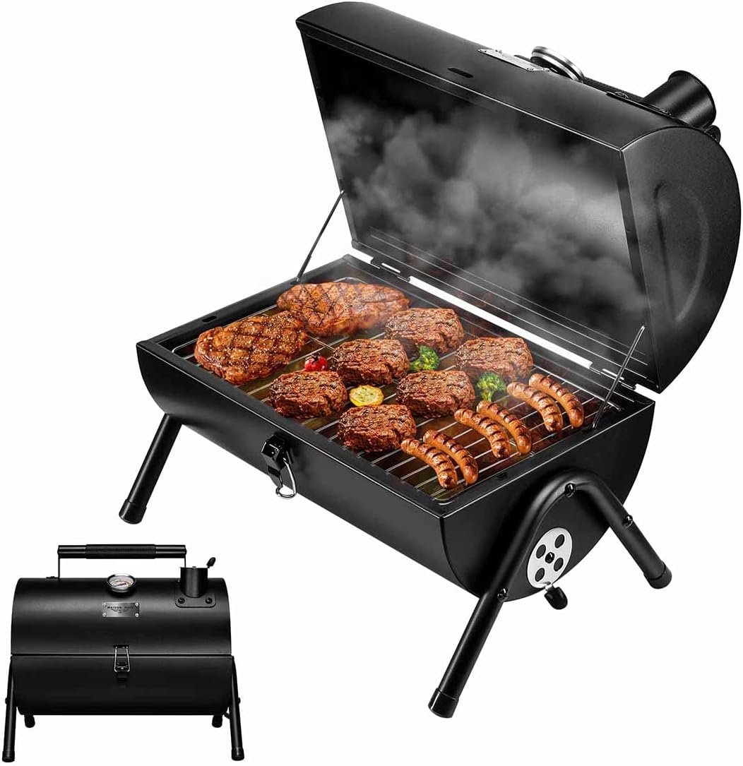 MAISON HUIS Adjustable Portable Charcoal Grill Multi-functional Metal Small BBQ Smoker for Outdoor Hiking Picnic(Black)