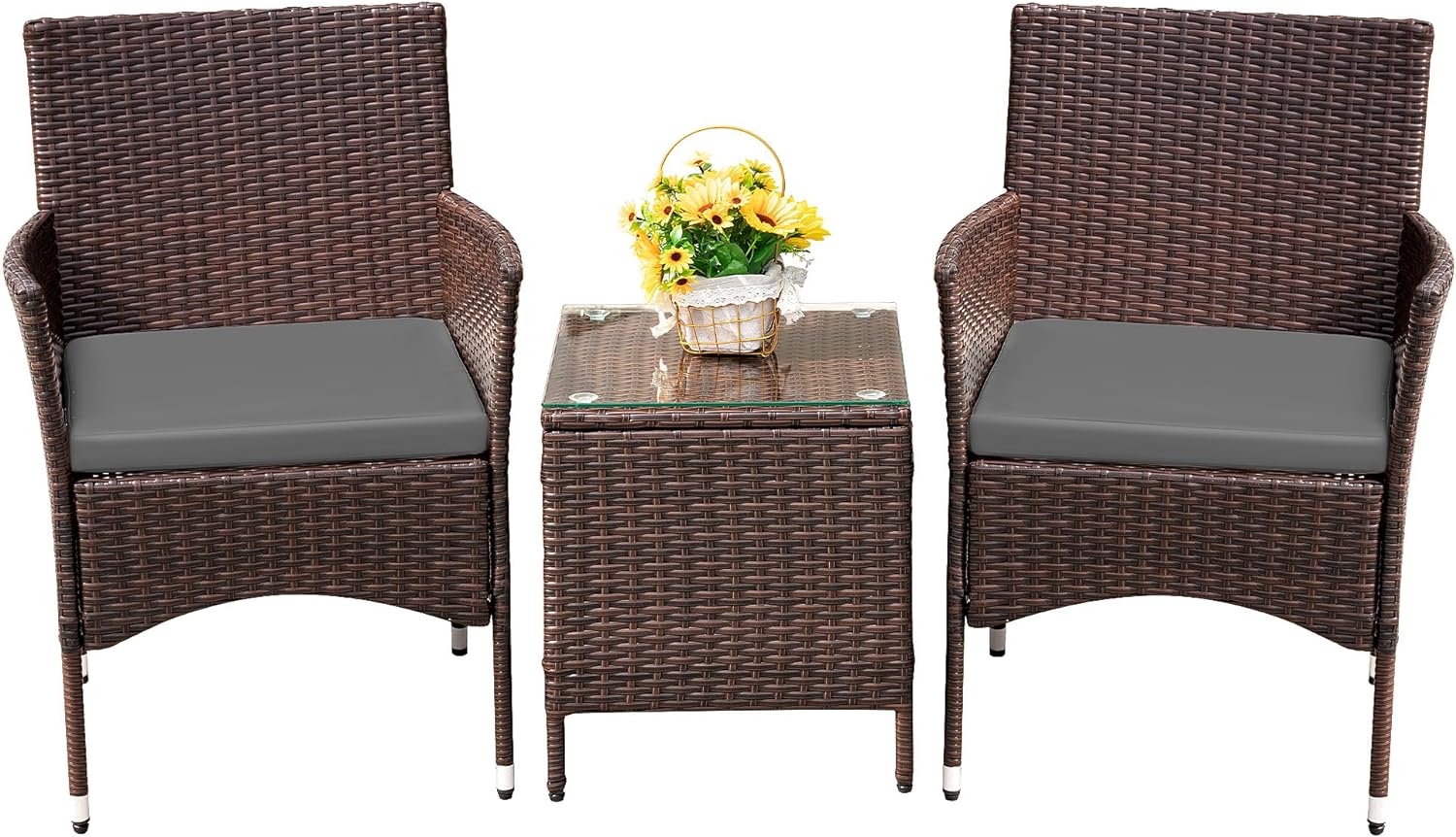 Devoko Patio Porch Furniture Sets 3 Pieces PE Rattan Wicker Chairs with Table Outdoor Garden Furniture Sets (Brown/Grey)