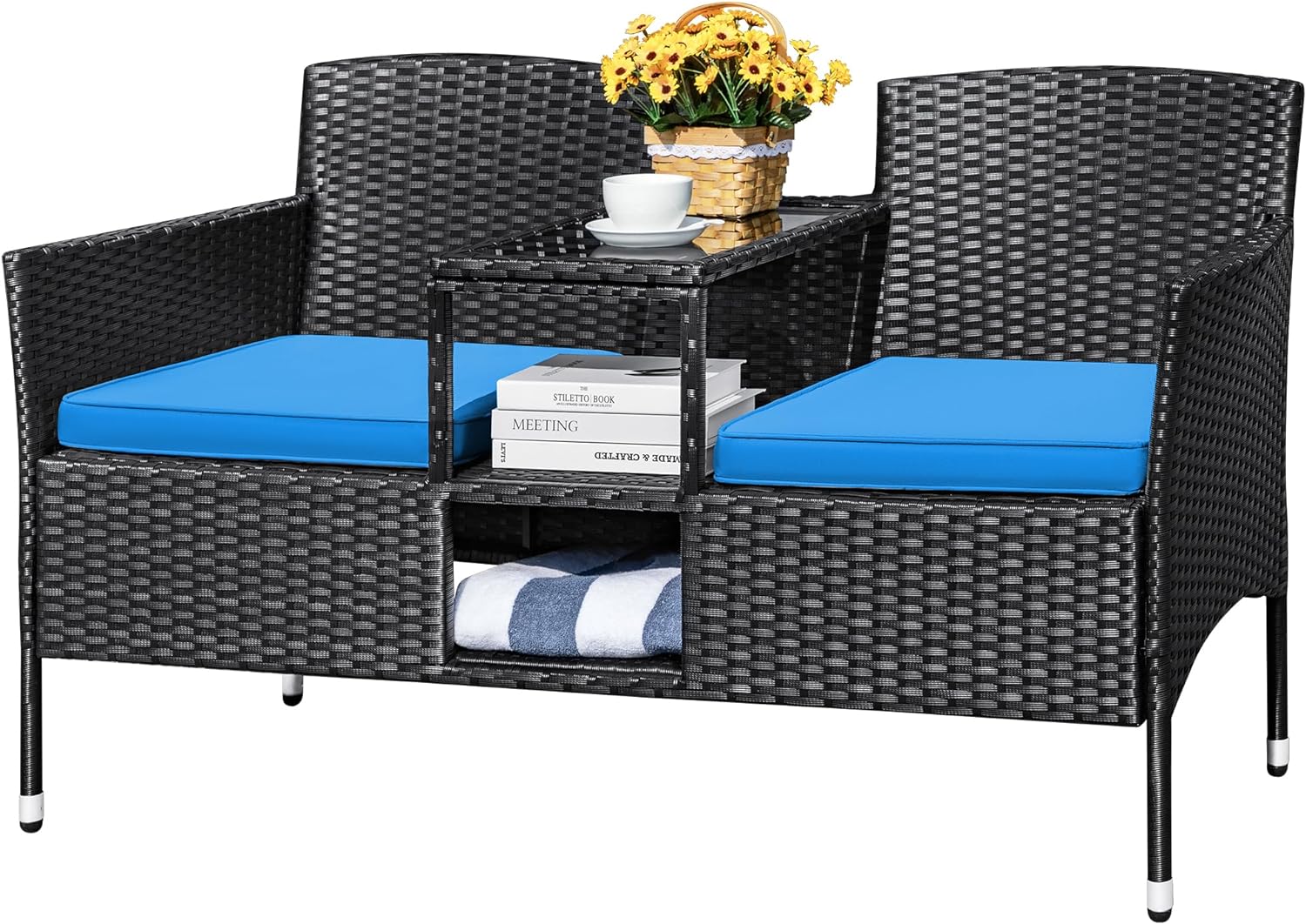 Devoko Outdoor Patio Loveseat Modern Rattan 2-Seat Patio Conversation Set with Cushions & Built-in Coffee Table Porch Furniture for Garden Lawn Backyard (Blue)