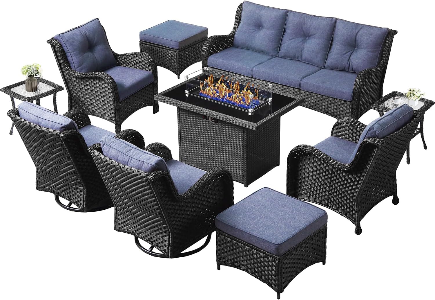 LayinSun 10 Pieces Outdoor Patio Furniture Set with Fire Pit Table