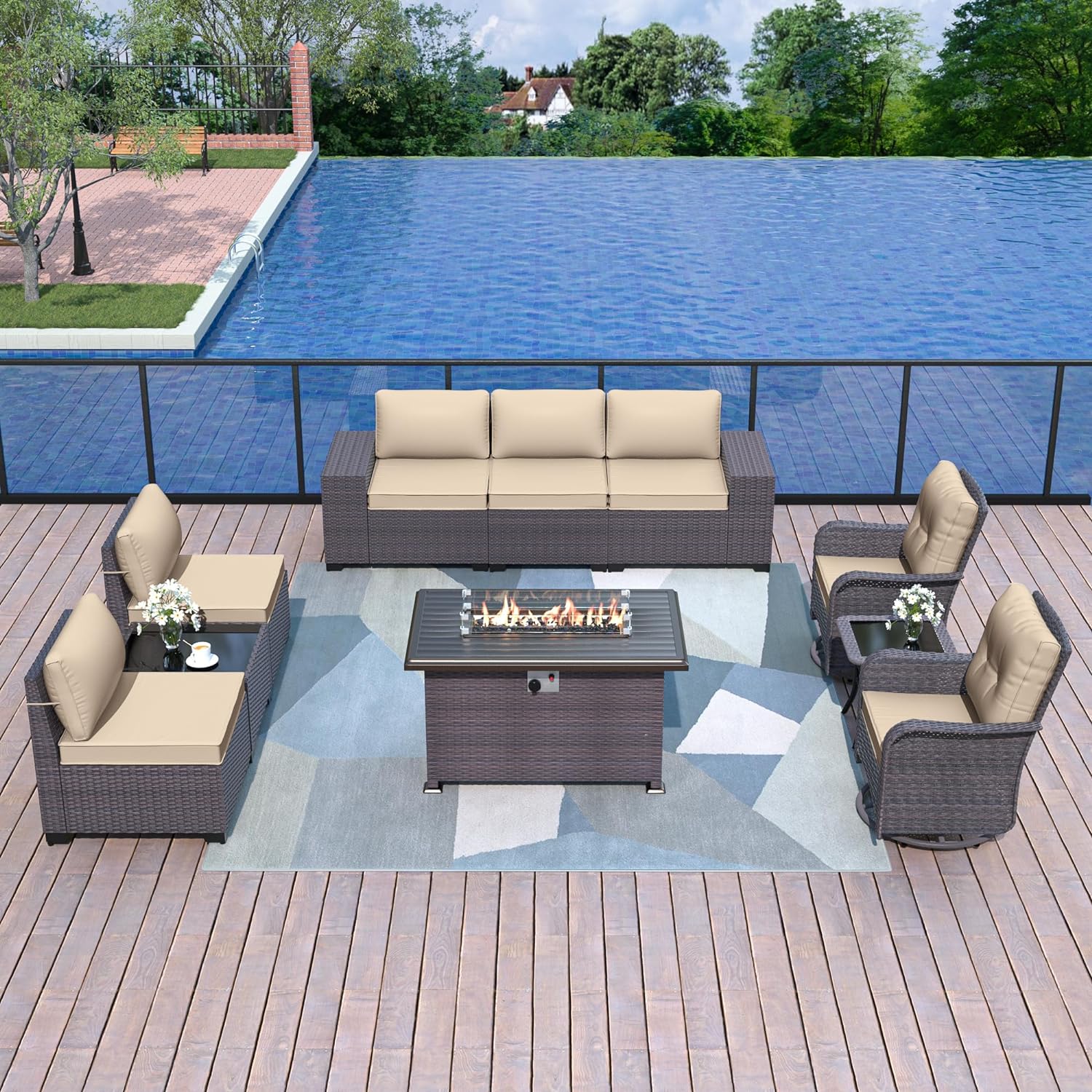 Patio Furniture Sectional Sofa Set 10-Pieces PE Rattan Swivel Rocking Chairs Outdoor Furniture Set w/43in Gas Fire Pit Table