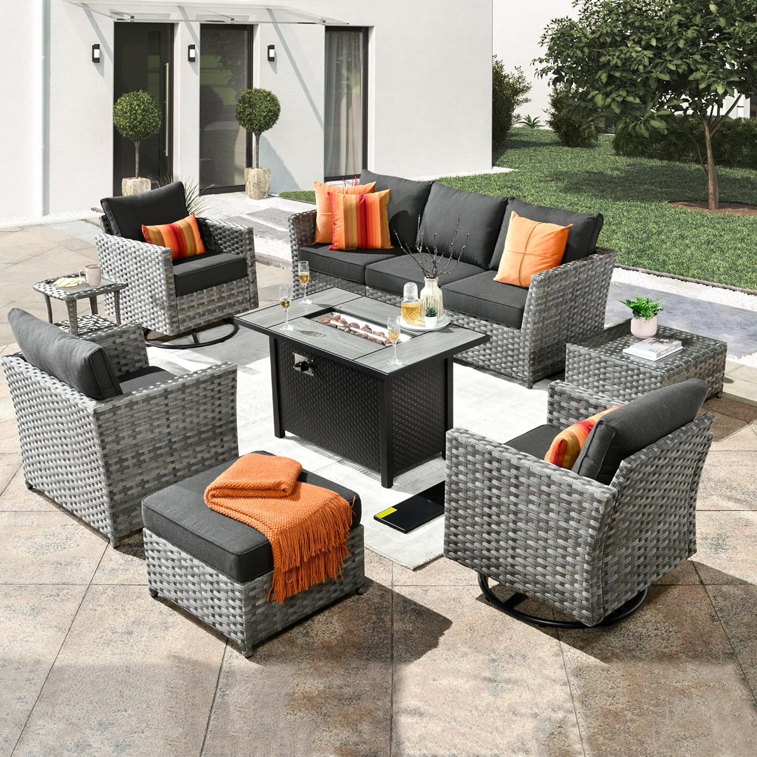 ovios 10 Piece Patio Furniture Set with Fire Pit Table