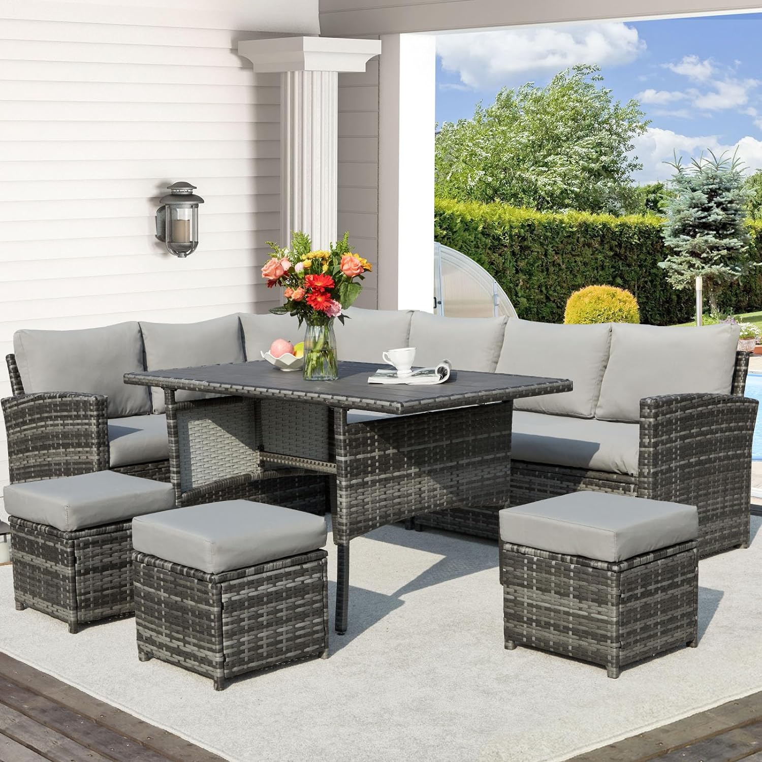 U-MAX 7 Pieces Patio Furniture Set Outdoor Sectional Sofa Conversation Set All Weather Wicker Rattan Couch Dining Table & Chair with Ottoman