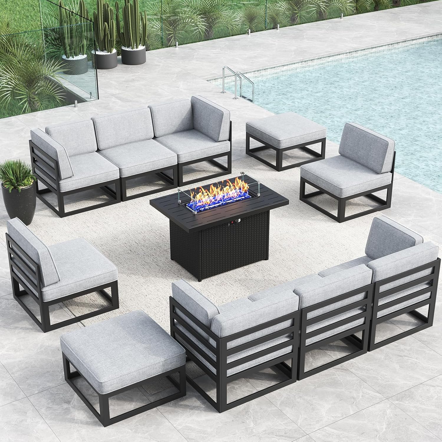 LayinSun Large Aluminum Patio Furniture Set with Fire Pit Table