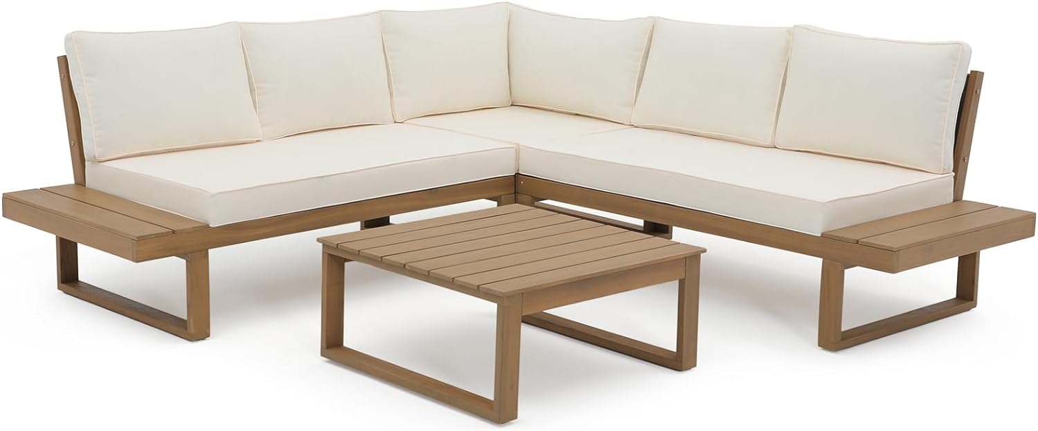 Soleil Jardin 4 Piece Acacia Wood Patio Furniture L-Shaped Outdoor Sectional Sofa Set with Coffee Table