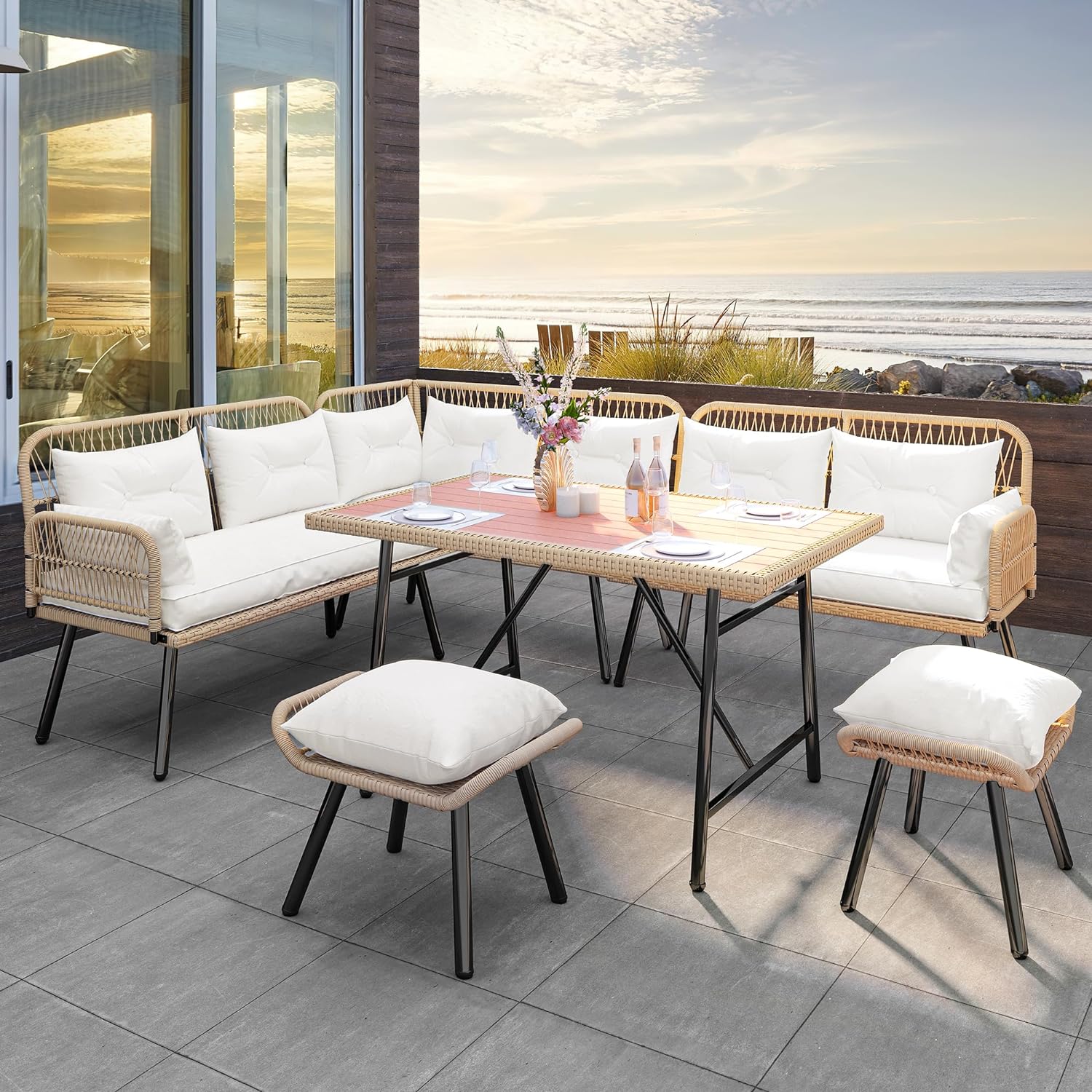 YITAHOME Patio Wicker L-Shaped Furniture Set