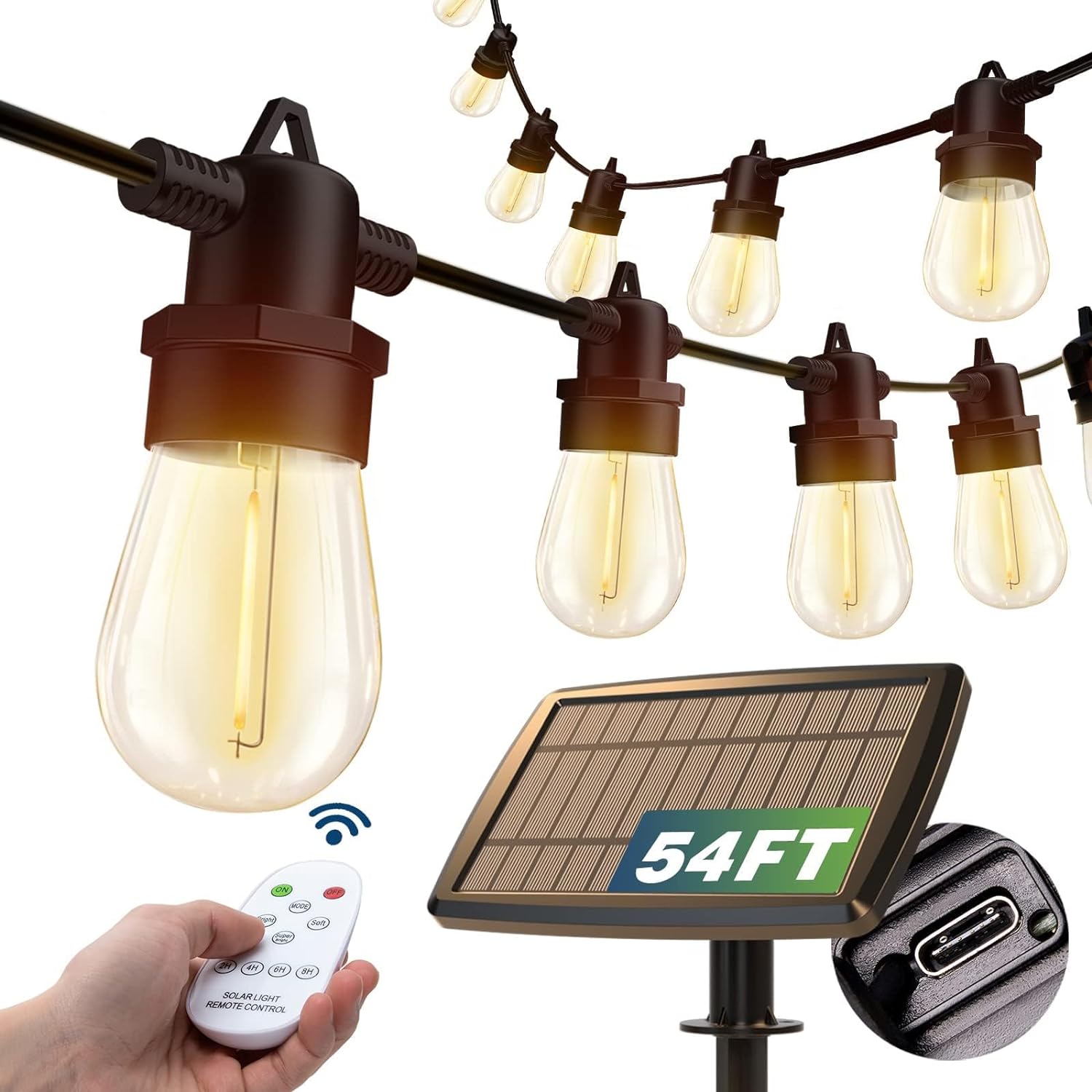 addlon 54(48+6) FT Solar String Lights Outdoor Waterproof with USB Port & Remote Control Solar Patio Lights Long Last for 20+Hrs Dimmable Solar Power LED Bulbs for Porch Garden Market Bistro