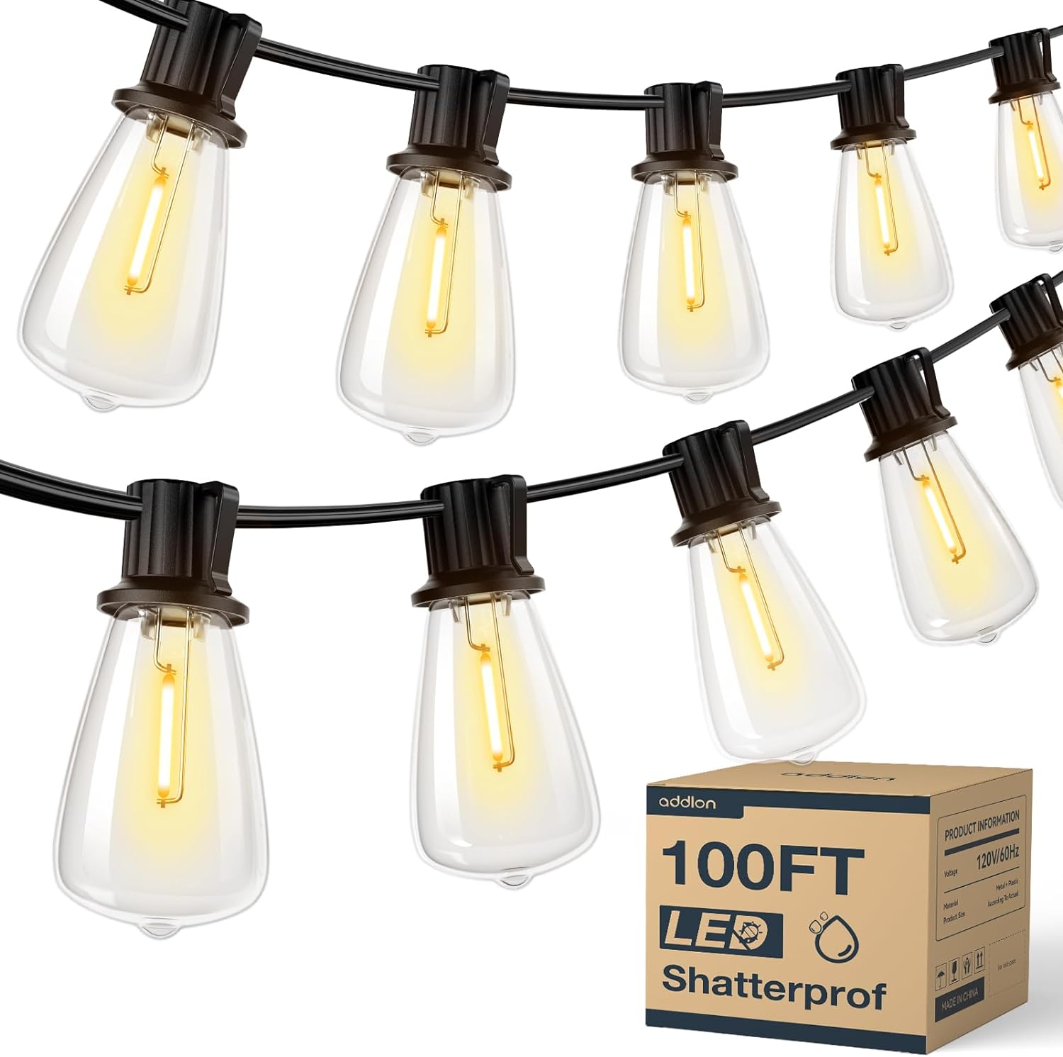 addlon 100FT(50FT*2) LED Outdoor String Lights Waterproof Patio Lights with 32 Shatterproof ST38 Replaceable Bulbs(2 Spare)