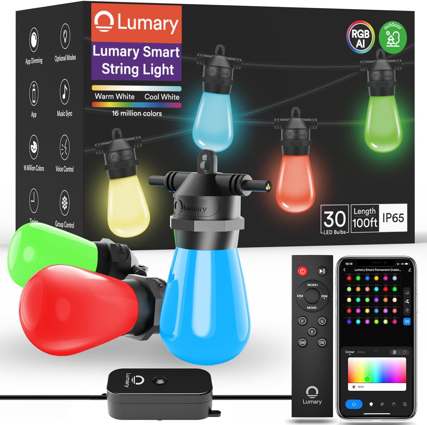 Lumary 100FT Smart Outdoor String Lights with APP/Remote/Voice Control