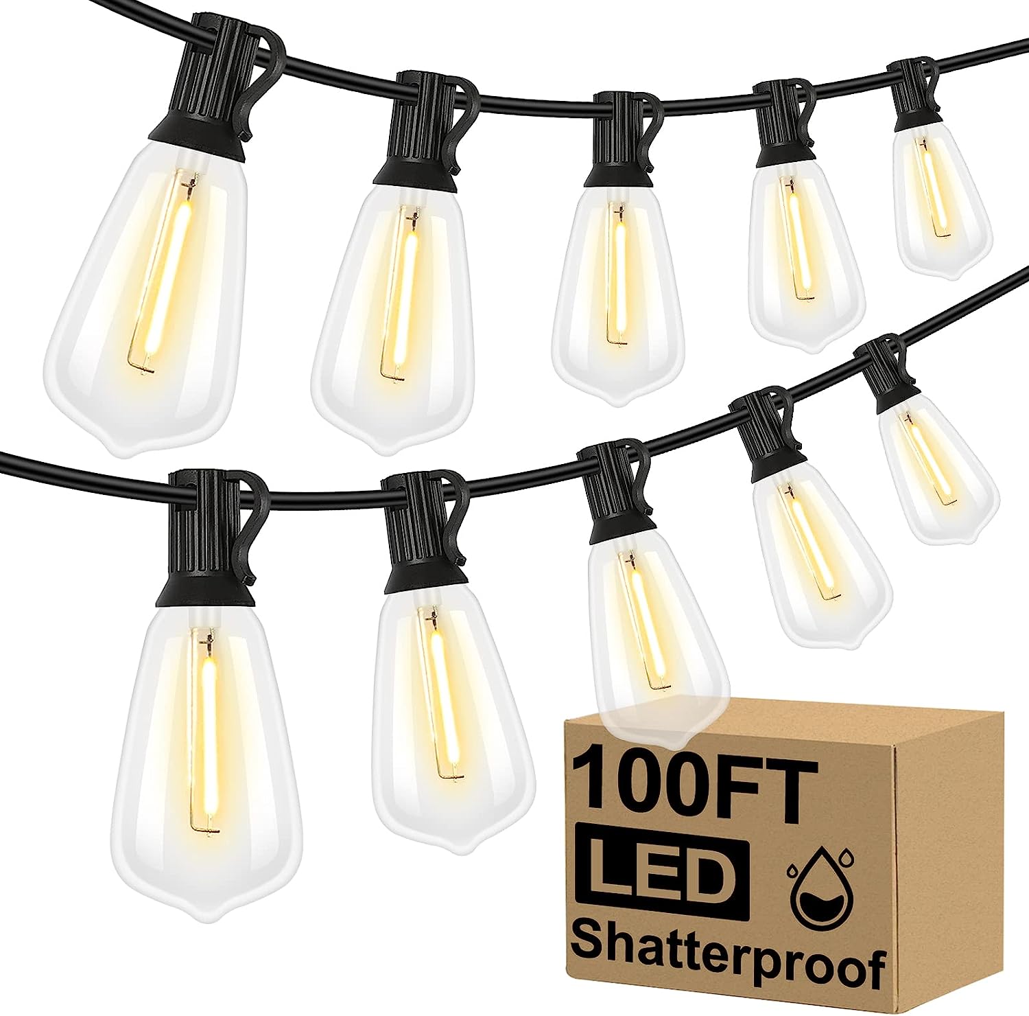 Brightever LED Outdoor String Lights 100FT Patio Lights with 52 Shatterproof ST38 Vintage Edison Bulbs