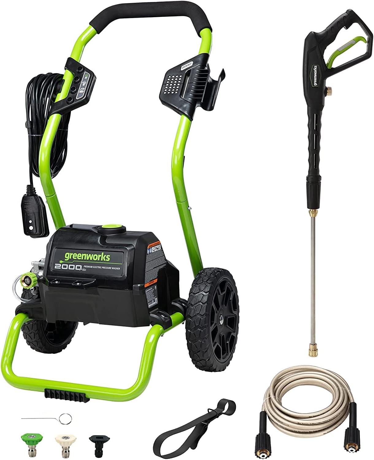 Greenworks 2000 PSI (13 Amp) Electric Pressure Washer (Wheels For Transport / 20 FT Hose / 35 FT Power Cord) Great For Cars