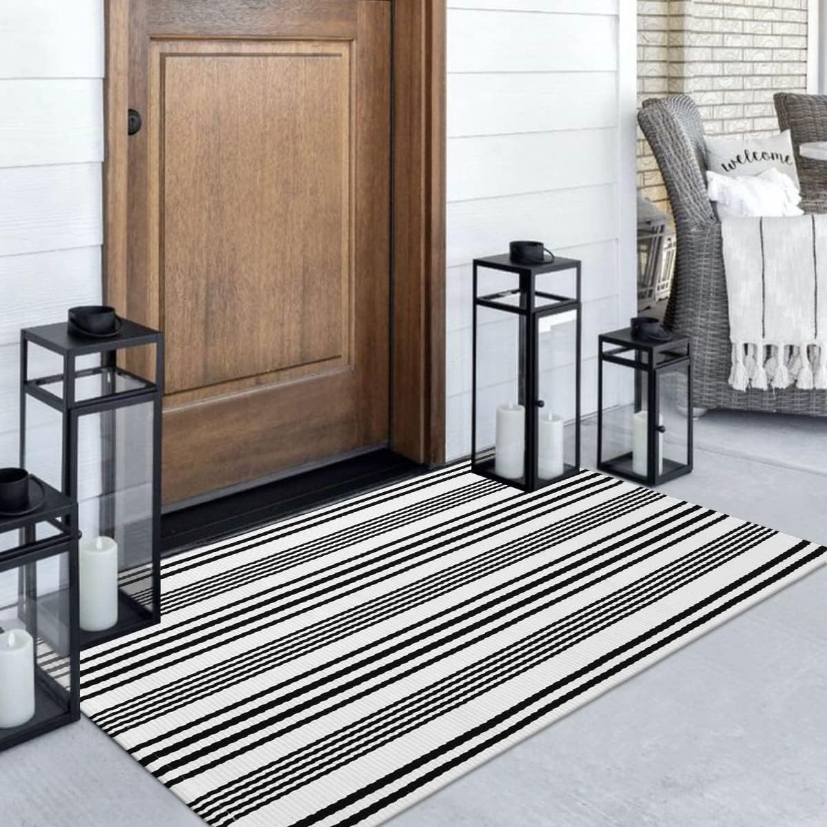 Black and White Striped Outdoor Rug