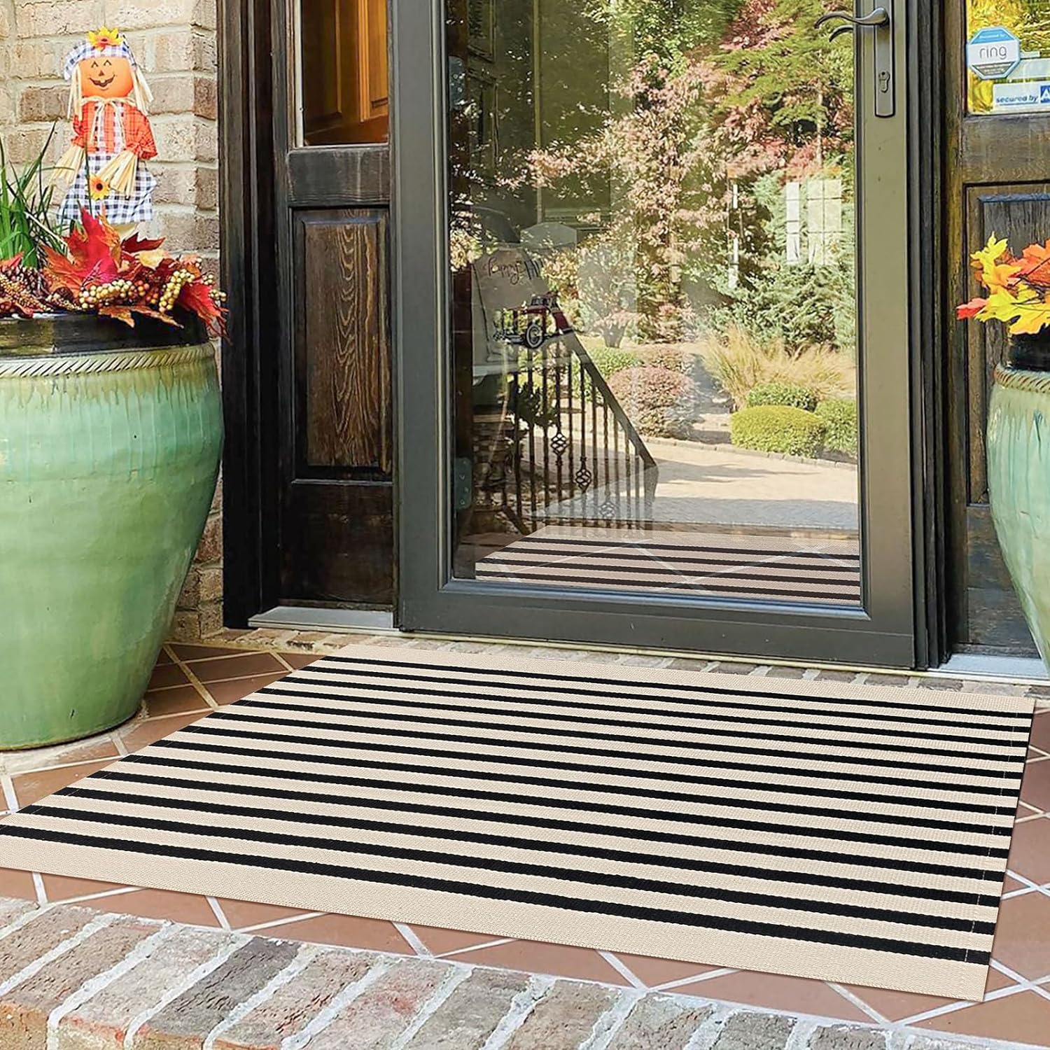 KOZYFLY Black and Beige Striped Porch Rug 27.5x43 Inches Area Rug Washable Outdoor Doormat Front Door Mat Cotton Striped Indoor Outdoor Rug for Front Door Kitchen Entryway Patio Porch