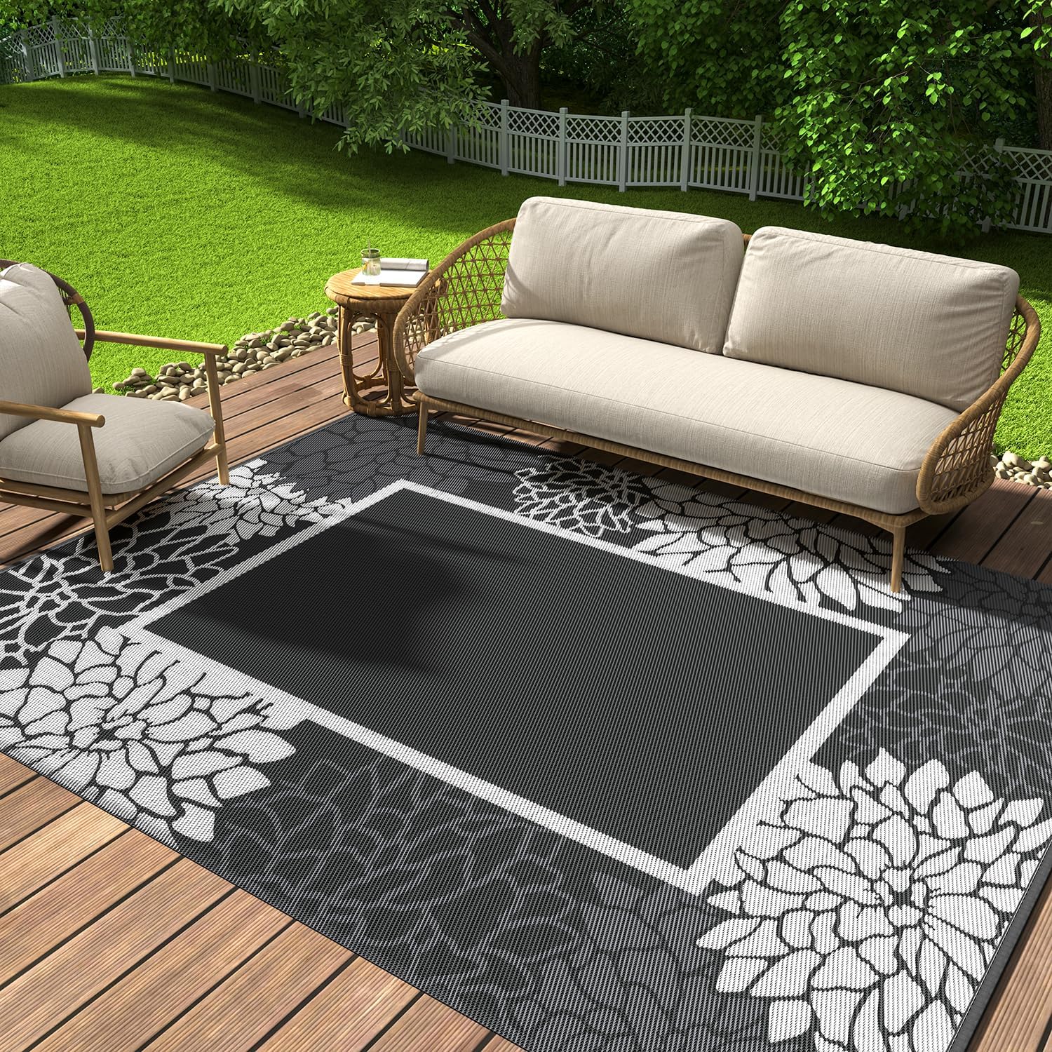 COCOER Floral Outdoor Rug 5x8 Reversible-Quick Dry Patio Rug-Waterproof Indoor Outdoor Rugs-Outdoor Carpet Outdoor Area Rugs-Outside Rug Patio Decor for Balcony Deck Backyard