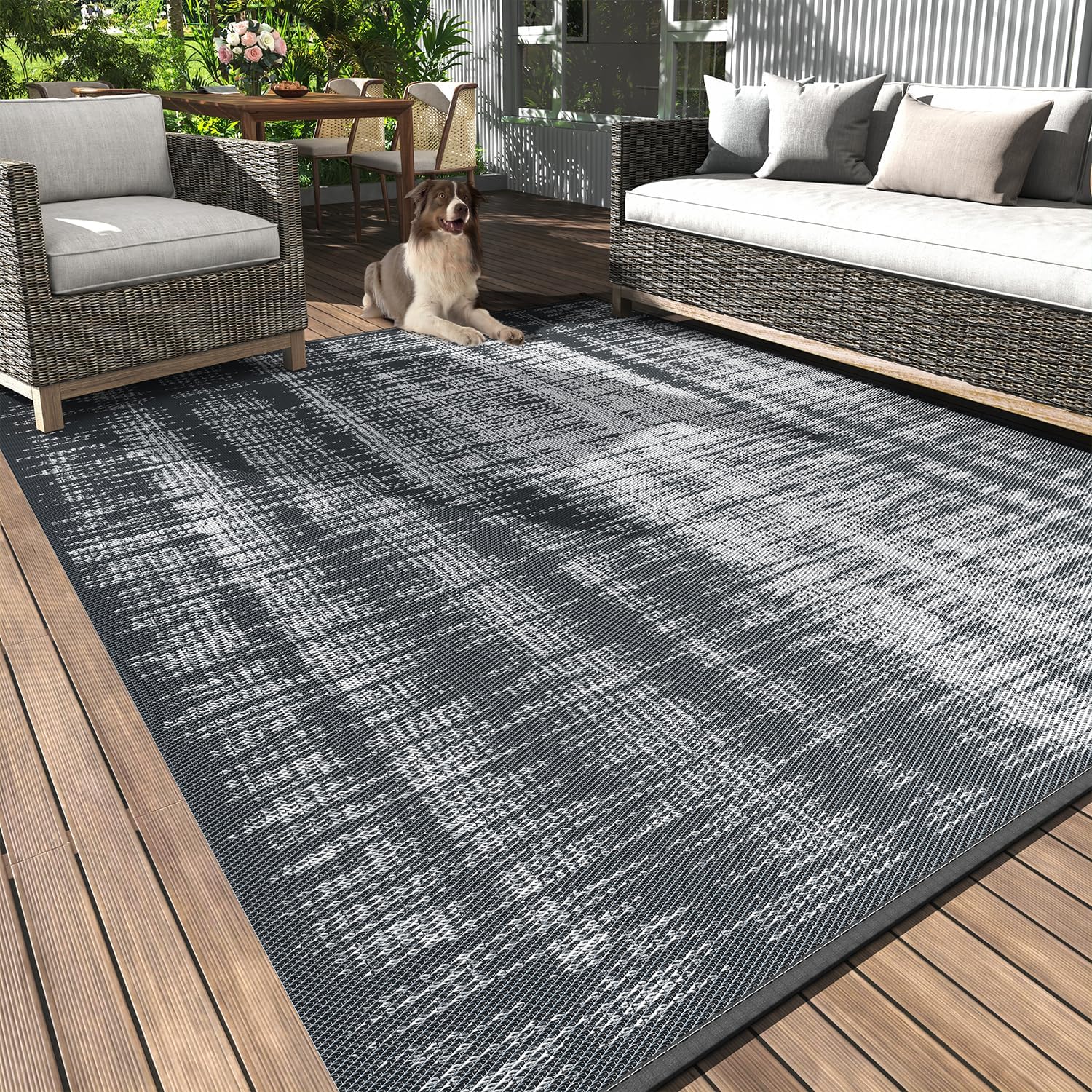 MontVoo Outdoor Rug Waterproof 6x9 ft Outdoor Carpet Patio Rug Mat Reversible RV Camping Rug Plastic Straw Outside Rug for Balcony Porch Deck Picnic Beach-Boho Outdoor Area Rug fot Patio Decor Grey