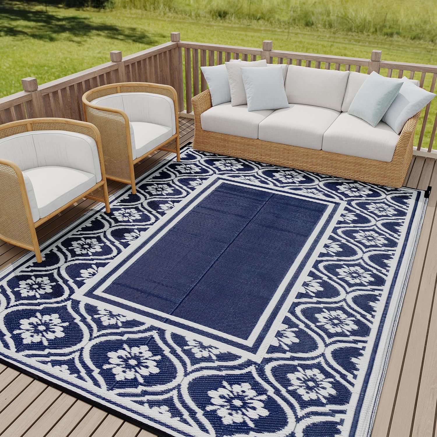 RV Outdoor Rug Waterproof Mat Outdoor Rugs 6'x9' for Patios Clearance Carpet Outdoor Camping Rugs Large Plastic Straw Rug (Lantern Navy Blue&White)