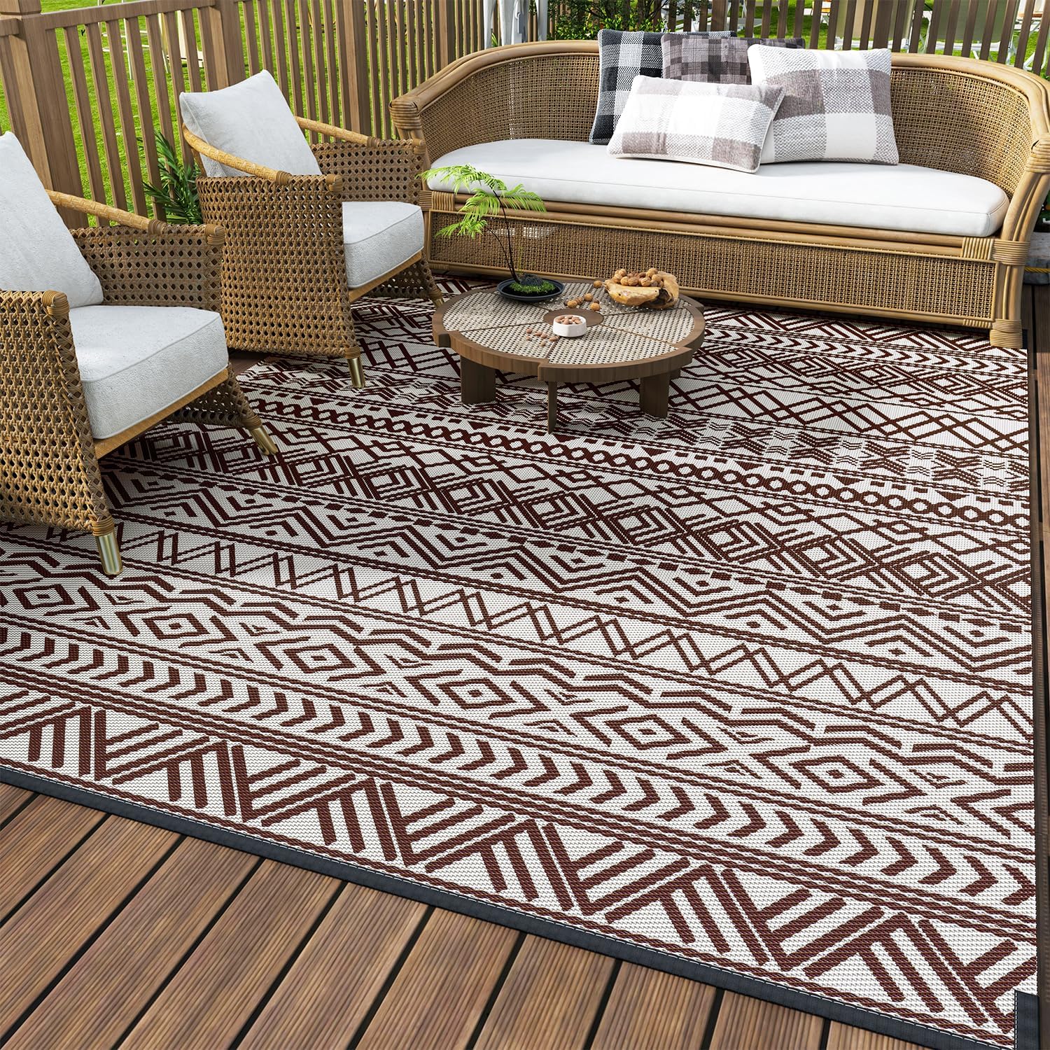 MontVoo-Outdoor Rug Carpet Waterproof 6x9 ft Reversible Patio Rug RV Camping Rug-Plastic Straw Rug Outside Indoor Outdoor Area Rug for Patio Deck Balcony Picnic Beach Outdoor Decor Boho Beige Brown