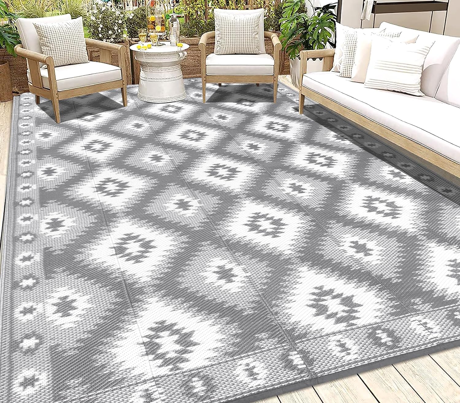 HEBE Outdoor Rug for Patios Clearance 6'x9' Waterproof Reversible Patio Mat Plastic Outside Camping RV Rug Geometric Area Rugs Carpet for RV