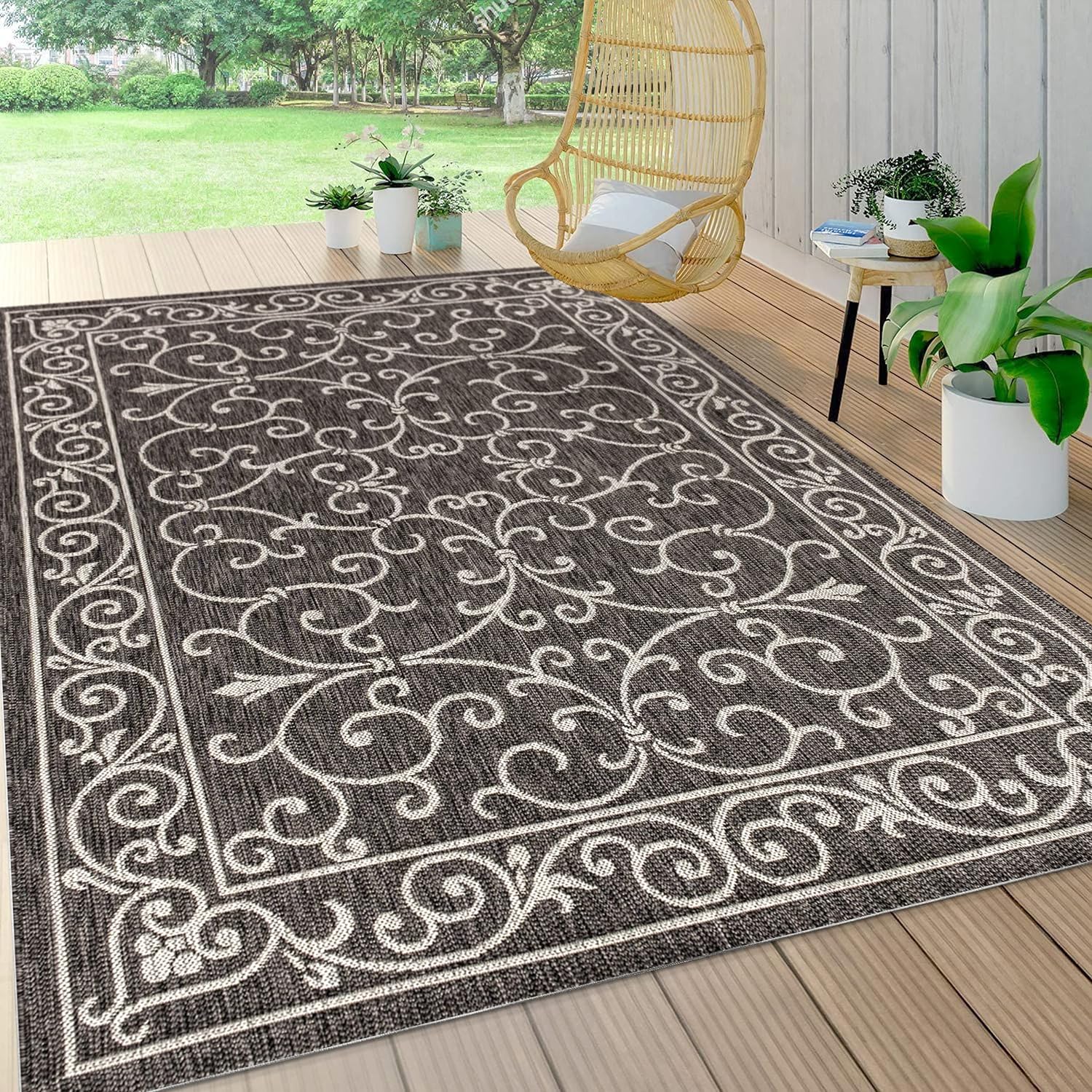 JONATHAN Y SMB106G-8 Charleston Vintage Filigree Textured Weave Indoor Outdoor Area Rug Classic Coastal Easy Cleaning Bedroom Kitchen Backyard Patio Non Shedding