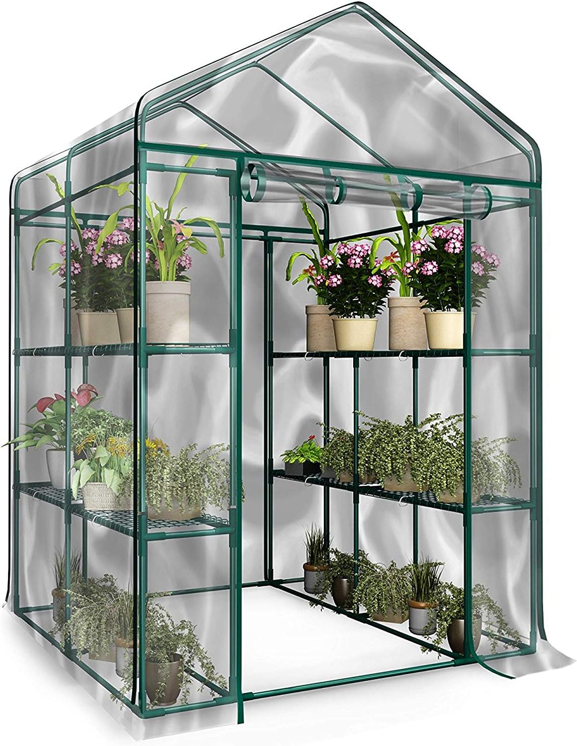 Greenhouse - Walk in Greenhouse with 8 Sturdy Shelves and PVC Cover for Indoor or Outdoor Use - 56 x 56 x 76-Inch Green House by Home-Complete