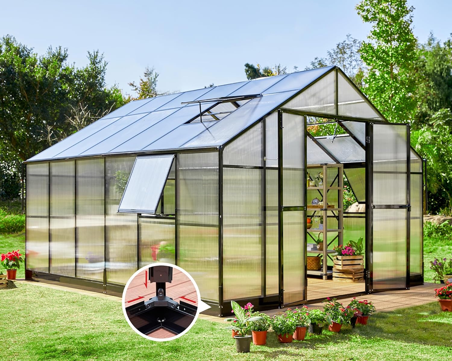 AMERLIFE 12x13.5x9 FT Polycarbonate Greenhouse with Quick Connector Fast Assembly