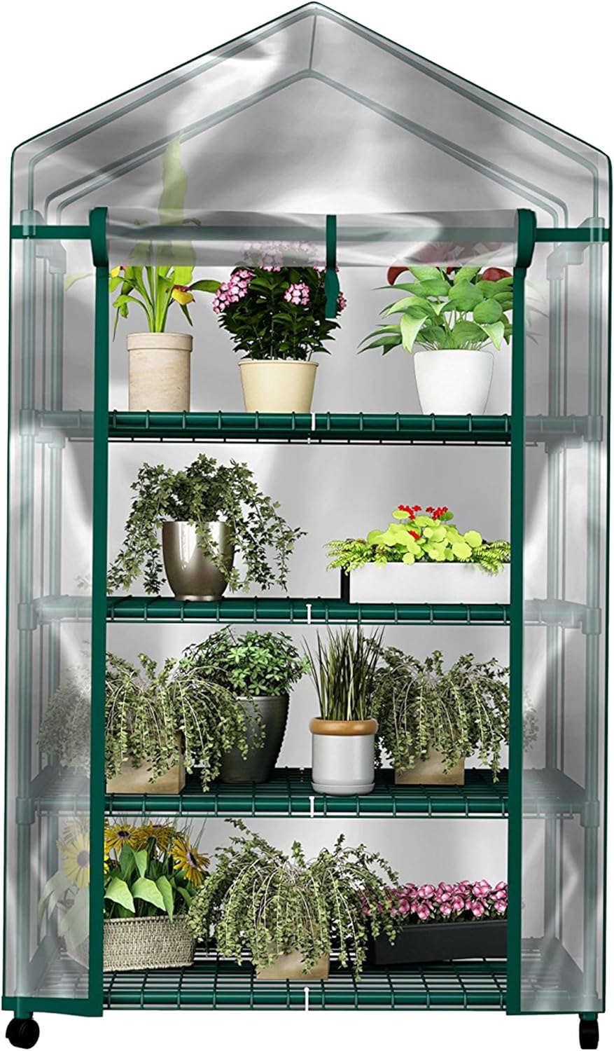 4 Tier Mini Greenhouse - Portable Greenhouse with Locking Wheels and PVC Cover for Indoor or Outdoor - 27 x 19 x 63-Inch Green House by Home-Complete