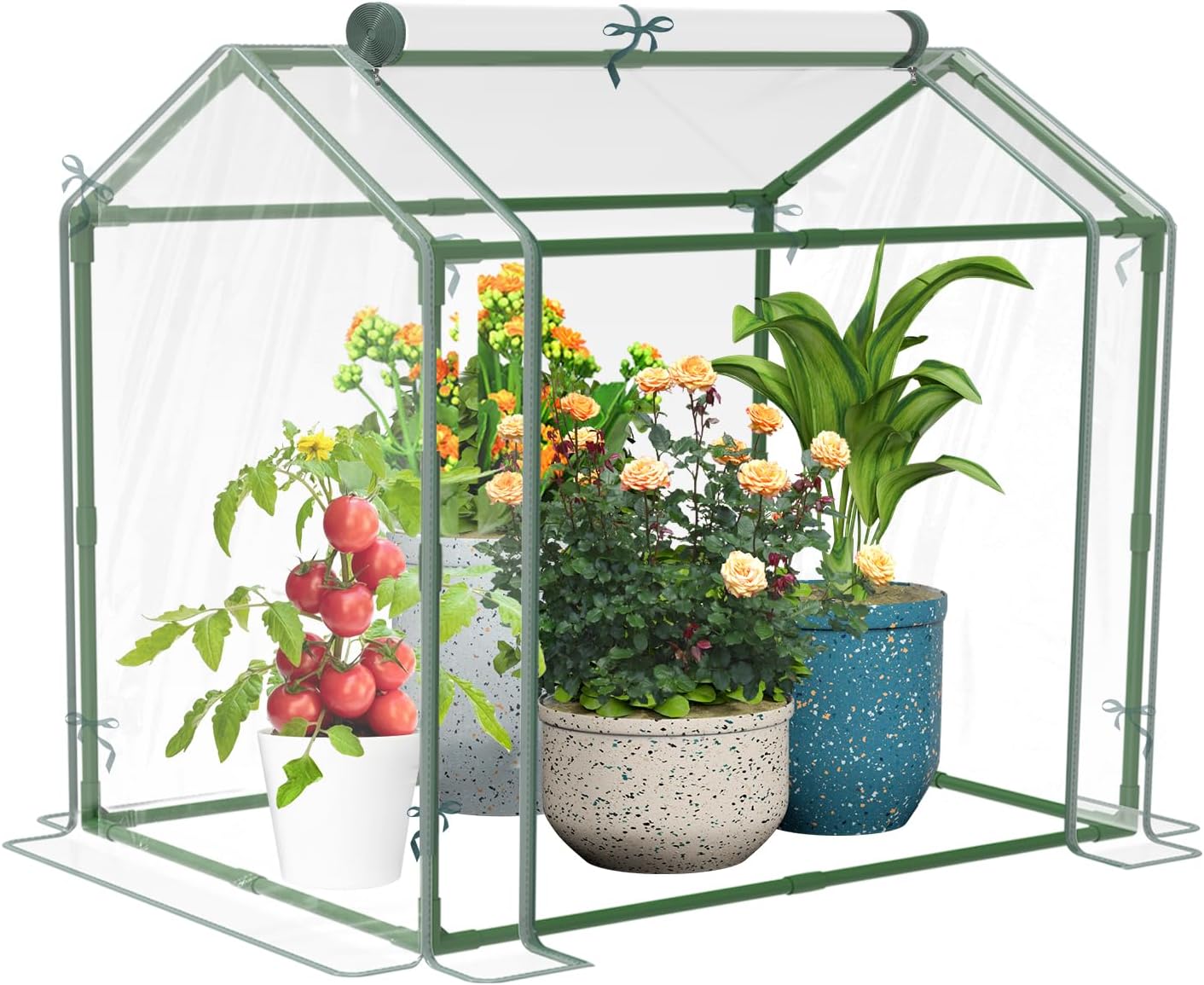 Mini Greenhouse Sturdy Portable Green House with PVC Cover and Roll-Up Zipper Door