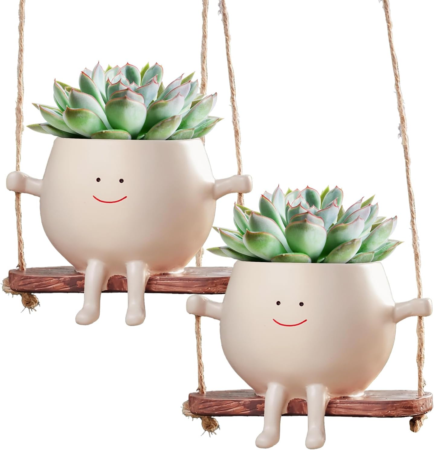 2 PCS Swinging Face Plant Pots 【2024 THICKEN VERSION】Unique Cute Hanging Succulent Cactus Flower Head Resin Planters Pots for Indoor & Outdoor