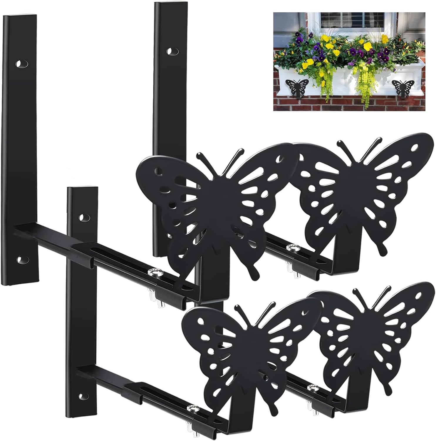 Venhoo Planter Box Brackets for Window Boxes Planters Hooks Sturdy Wall Mount Flower Box Holders with Butterfly