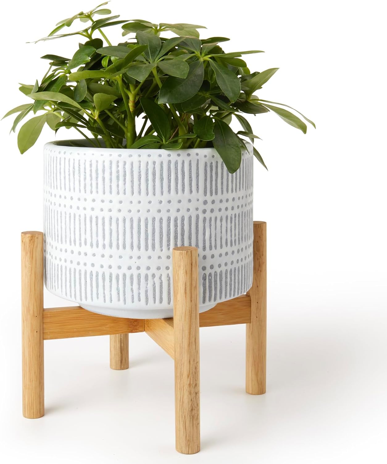 LA JOLIE MUSE Ceramic Plant Pot with Wood Stand - 7.3 Inch Modern Round Decorative Flower Pot Indoor with Wood Planter Holder