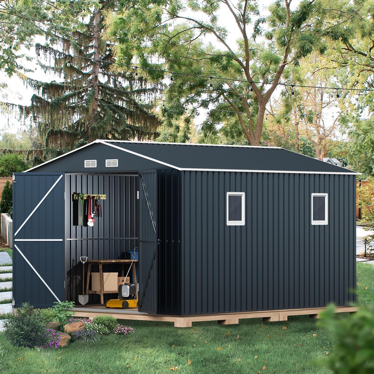 10X12X7.5 FT Outdoor Steel Storage Shed with Lockable Doors