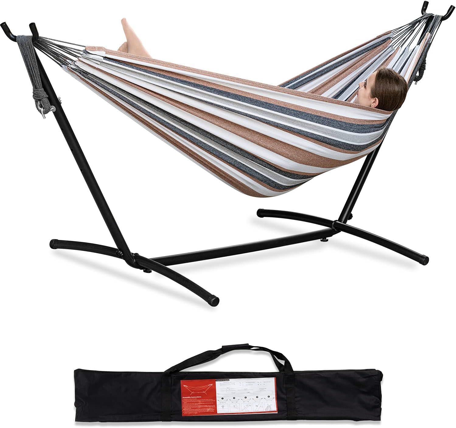 PNAEUT Double Hammock with Space Saving Steel Stand included 2 Person Heavy Duty Outside Garden Yard Outdoor 450lb Capacity 2 People Standing Hammocks and Portable Carrying Bag (Coffee)