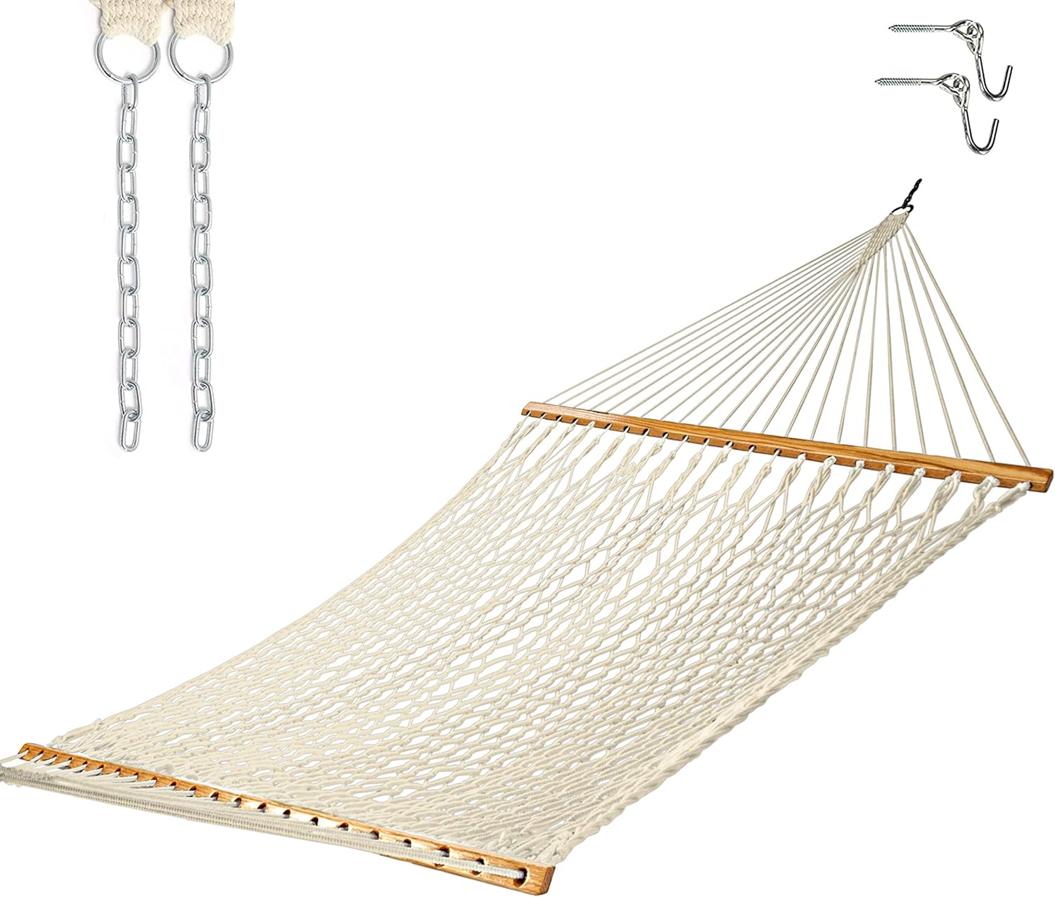 Castaway Living 13 ft. Double Traditional Hand Woven Cotton Rope Hammock with Free Extension Chains & Tree Hooks