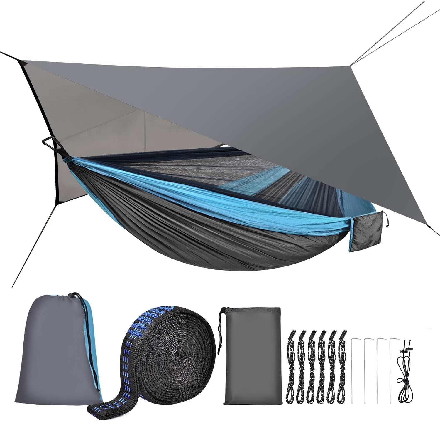 Camping Hammock with Mosquito Net Rain Fly Heavy Duty Tree Strap Nylon Parachute Single Double Hammock Tent Waterproof Rainfly Set for Camping Backpacking Backyard Patio Hiking Travel Outdoor