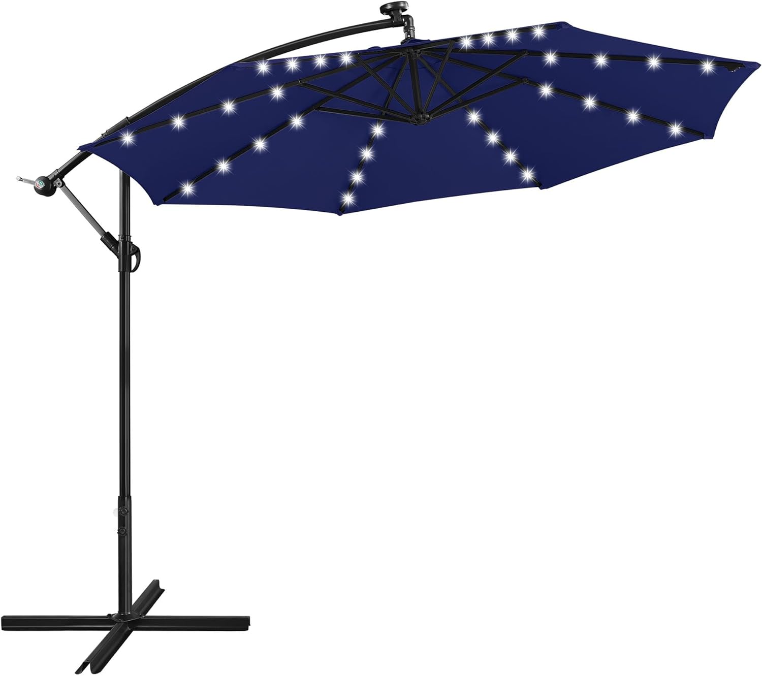 Yaheetech 10FT Solar Offset Umbrella with 32 LED Lights Cantilever Hanging Outdoor Umbrellas Handy Crank & Cross Base for Lawn/Deck/Backyard/Pool Navy Blue