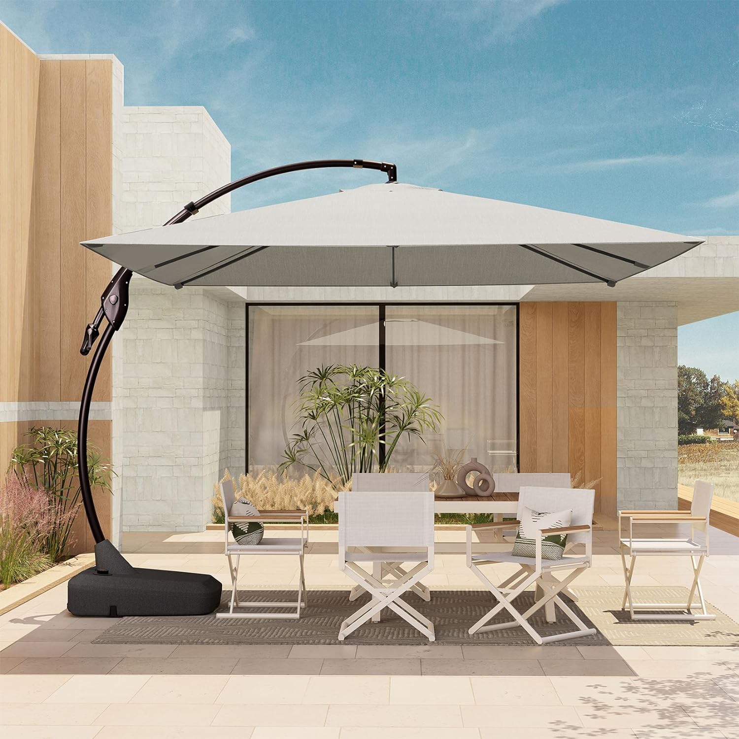 Grand patio 10X10 FT Sunbrella Offset Umbrella with Base Outdoor Square Aluminum Cantilever Umbrella Shade with Easy Tilt Adjustment (Granite