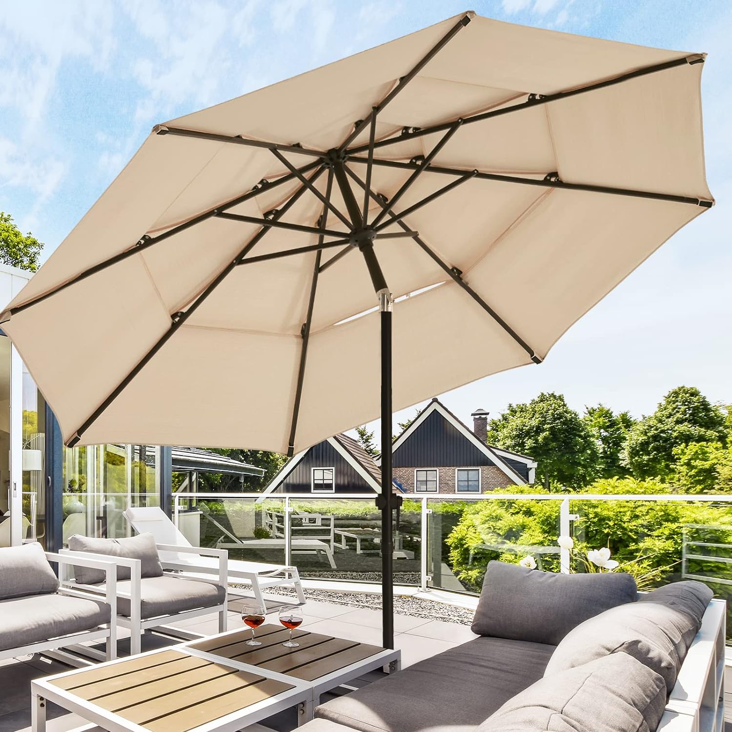 wikiwiki 10 FT Patio Umbrellas 3-Tiers Outdoor Table Market Umbrella with Push Button Tilt/Crank